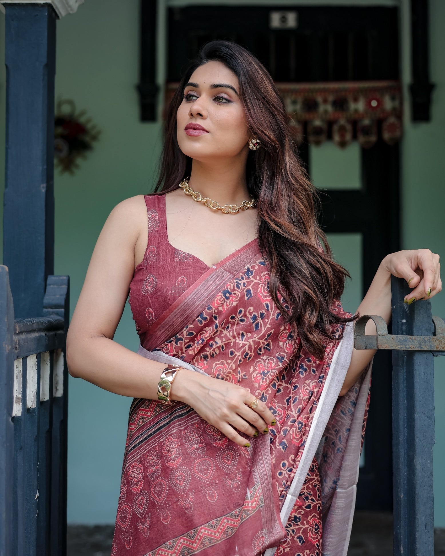 Rust Red Pure Cotton Linen Saree with Floral Block Print And Tassel Detailing With Unstitched Blouse