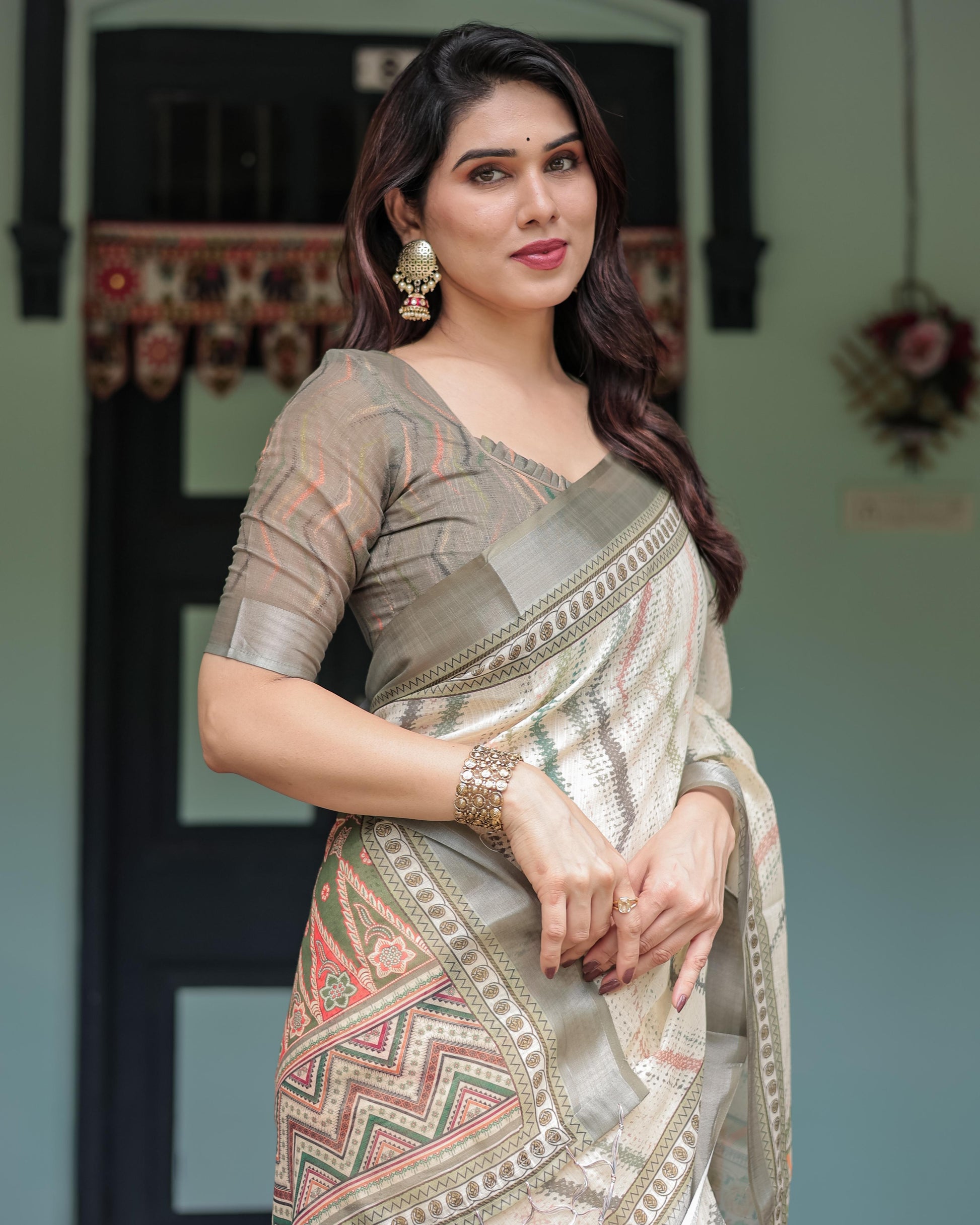 Cream and Olive Green Linen Printed Saree with Ethnic Pattern Border and Tassel Detailing with Unstitched Blouse for Women