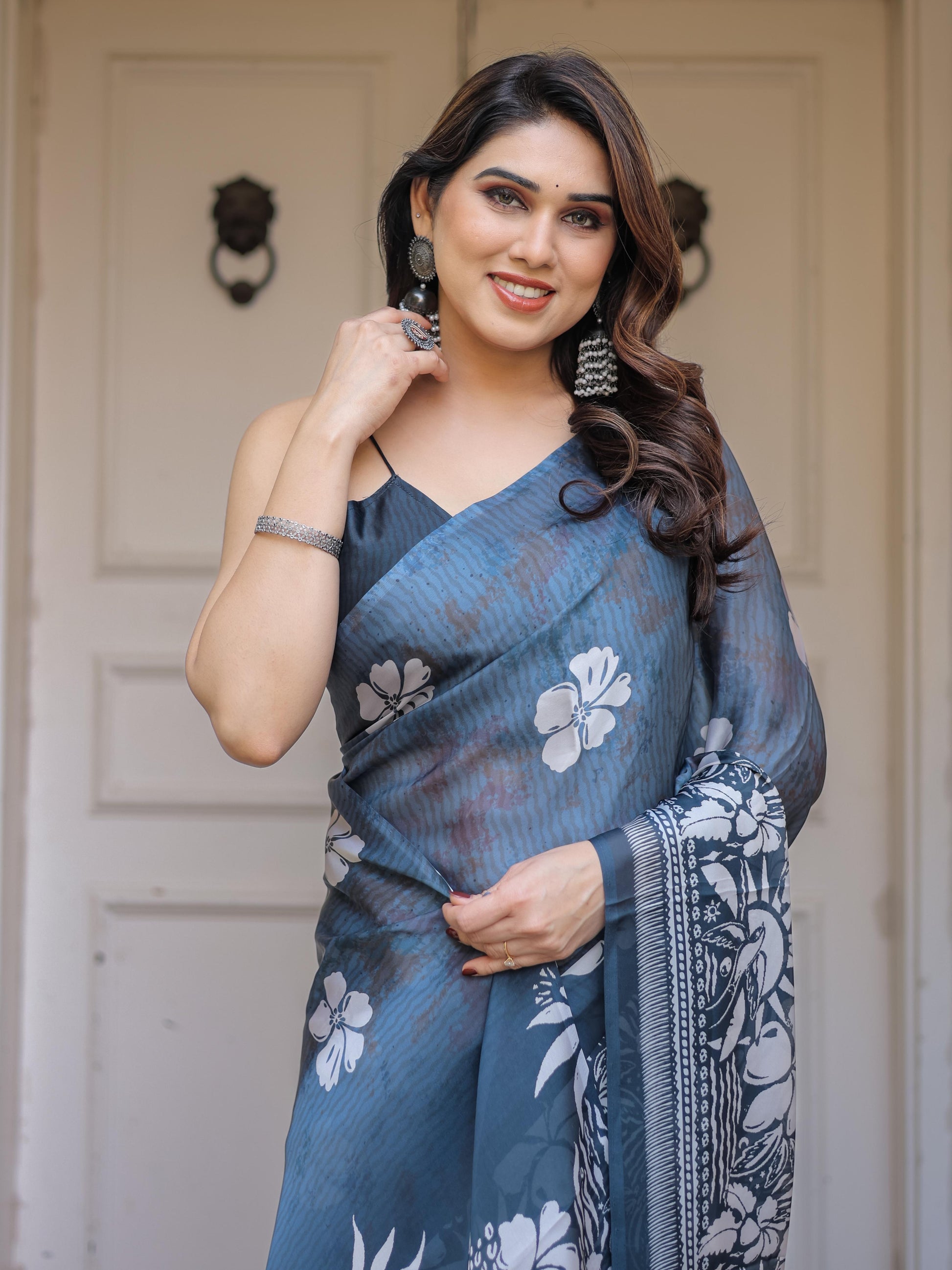 Steel Blue Satin Georgette Floral Printed Saree with Designer Blouse for Women | Elegant Party Wear Saree
