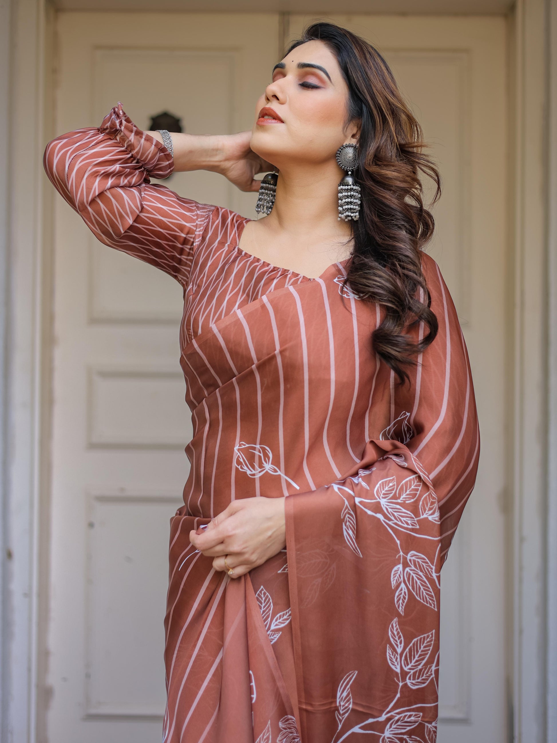 Rust Brown Striped Printed Satin Georgette Saree with Designer Blouse | Elegant Party Wear Saree for Women
