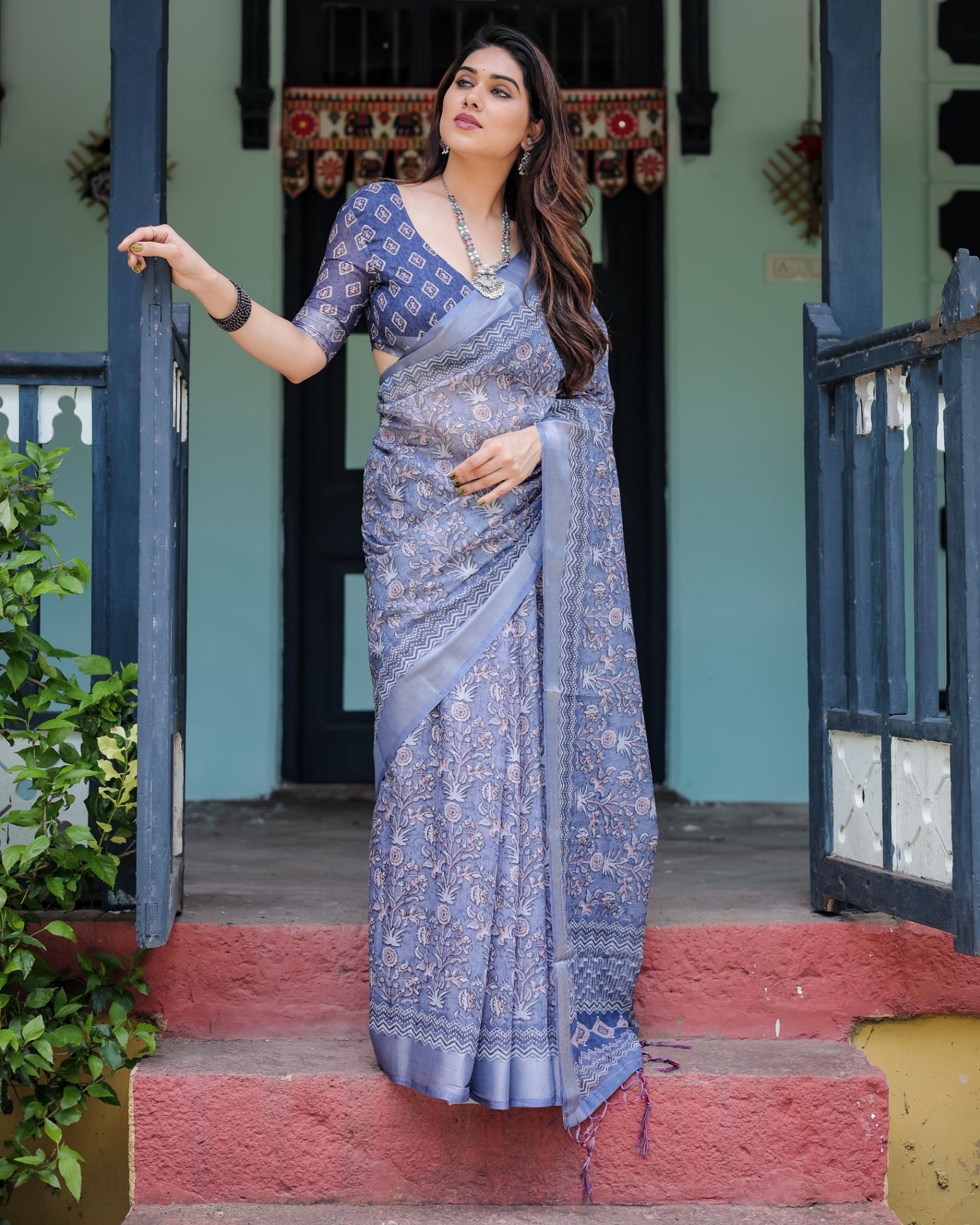 Steel Blue Pure Cotton Linen Saree with Floral and Geometric Block Print, , and Tassel Detailing With Unstitched Blouse