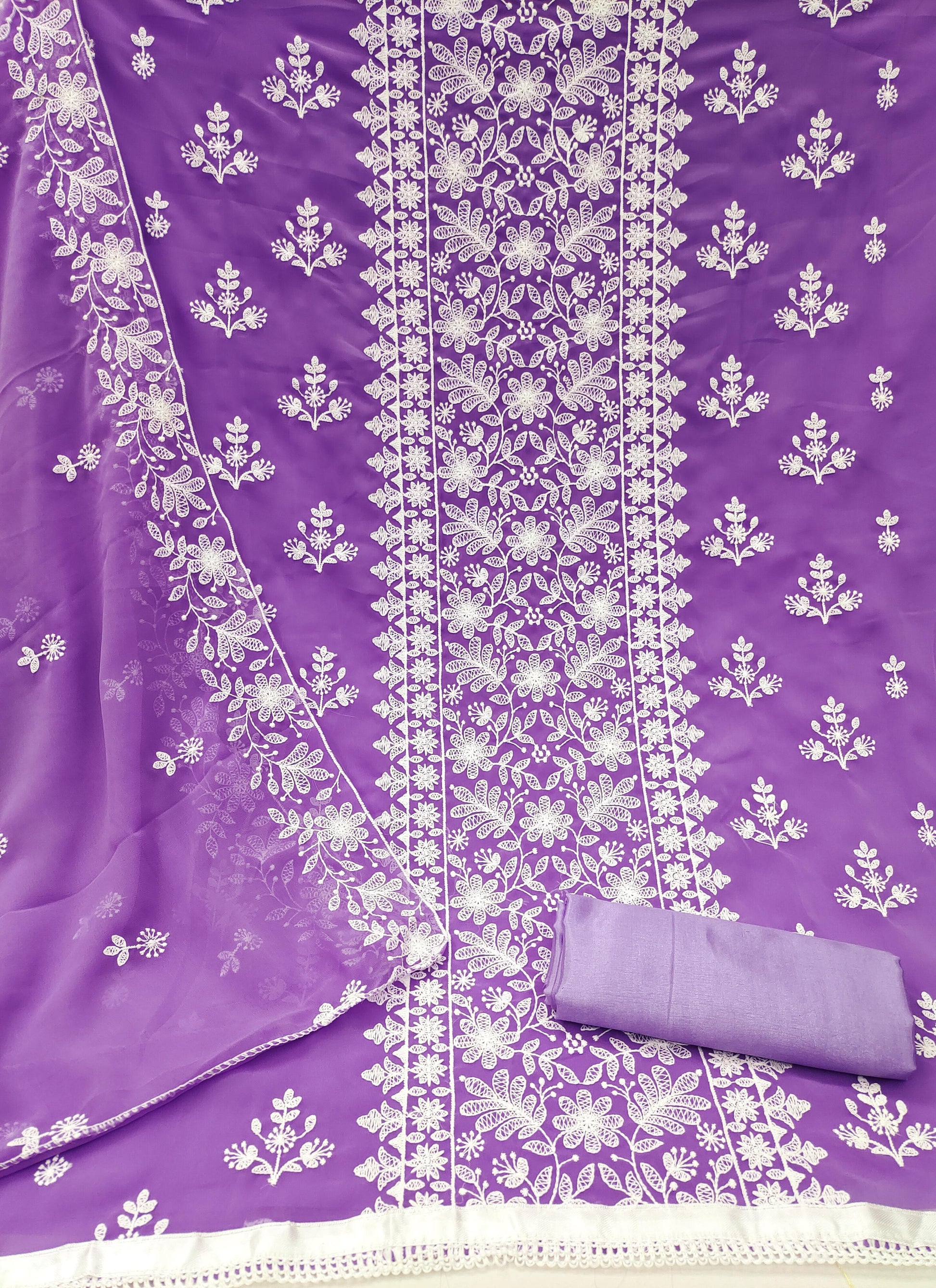 Georgette Embroidery Work Dress Material Set for Women with Santoon Bottom & Inner and Matching Dupatta | Unstitched Salwar Suit Fabric (Top 2m, Bottom & Inner 3.6m, Dupatta 2.1m)