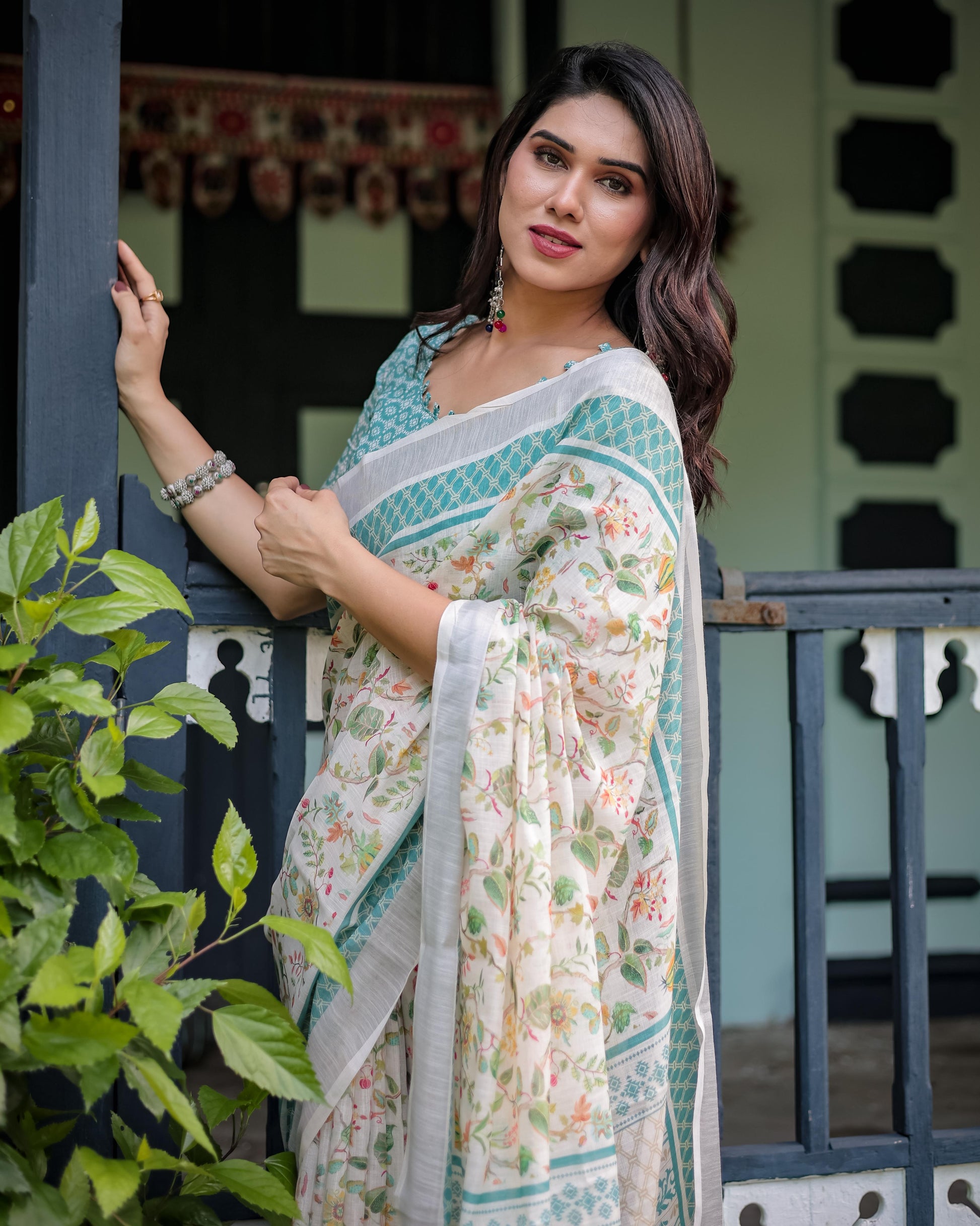 Elegant Floral Printed Pure Cotton Linen Saree in Ivory with Teal Border and , Tassels on Edges With Unstitched Blouse