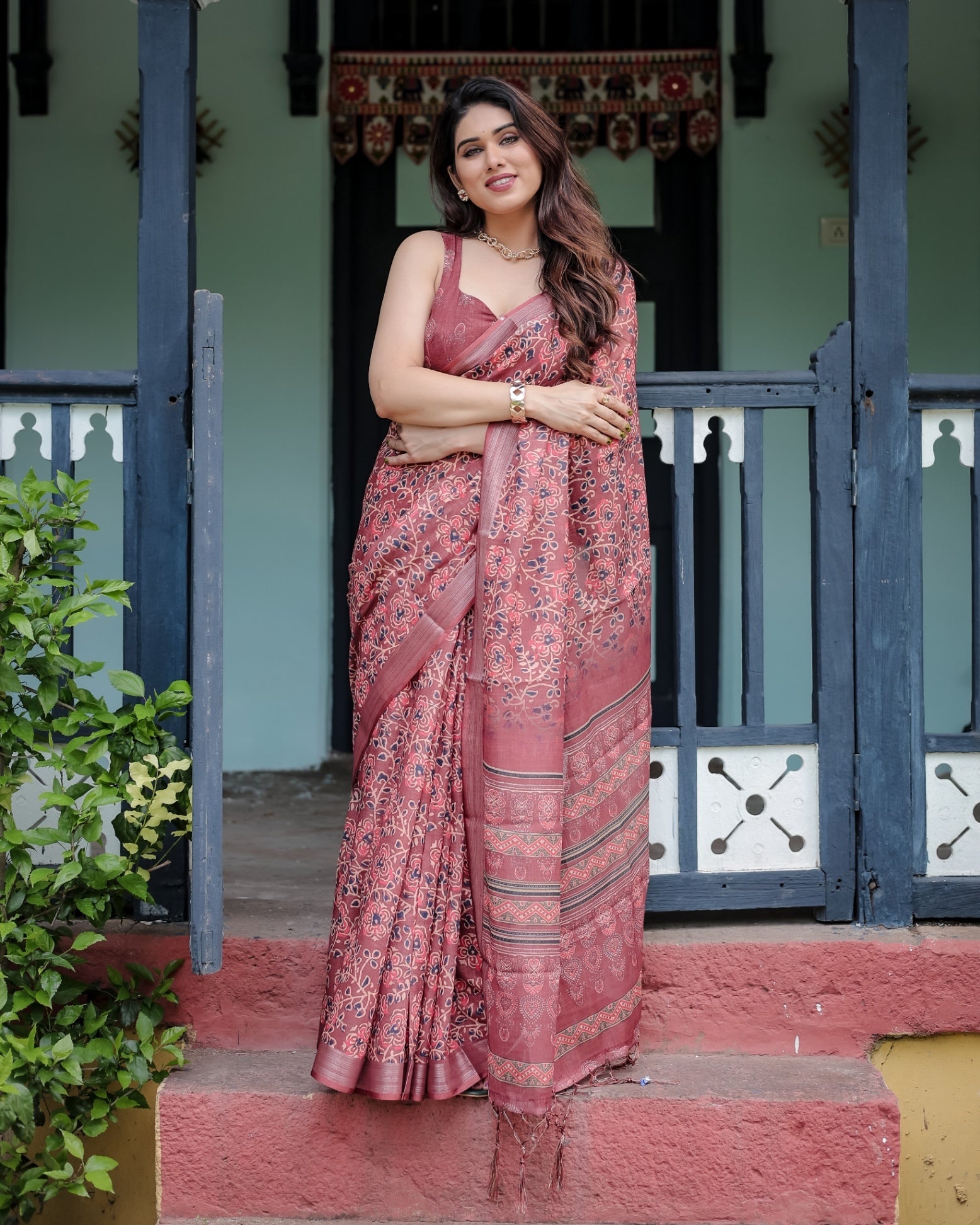 Rust Red Pure Cotton Linen Saree with Floral Block Print And Tassel Detailing With Unstitched Blouse