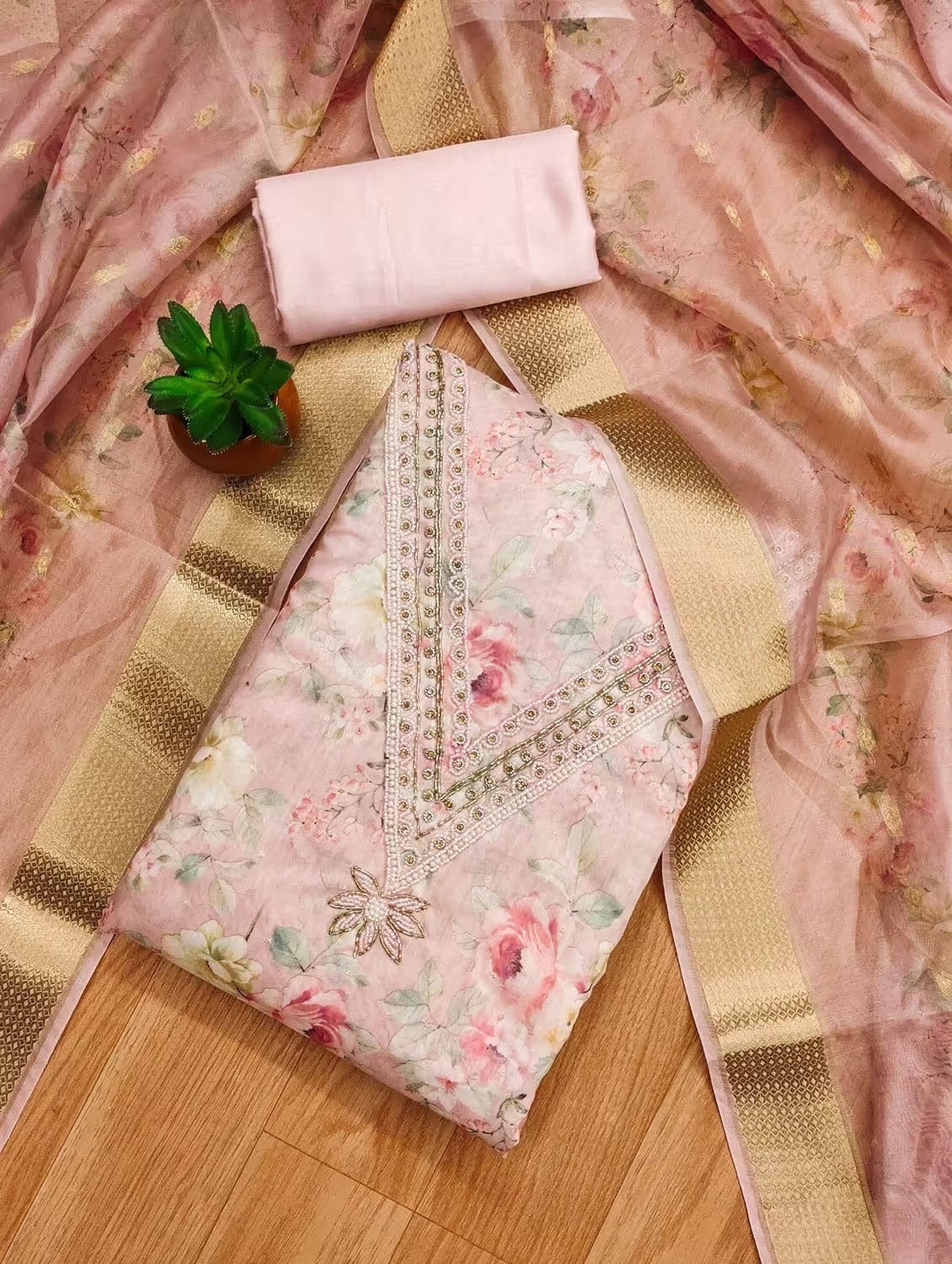 Heavy Modal Floral Print Dress Material Set with Khatli Work for Women with Santoon Bottom & Inner and Banarasi Jacquard Digital Print Dupatta