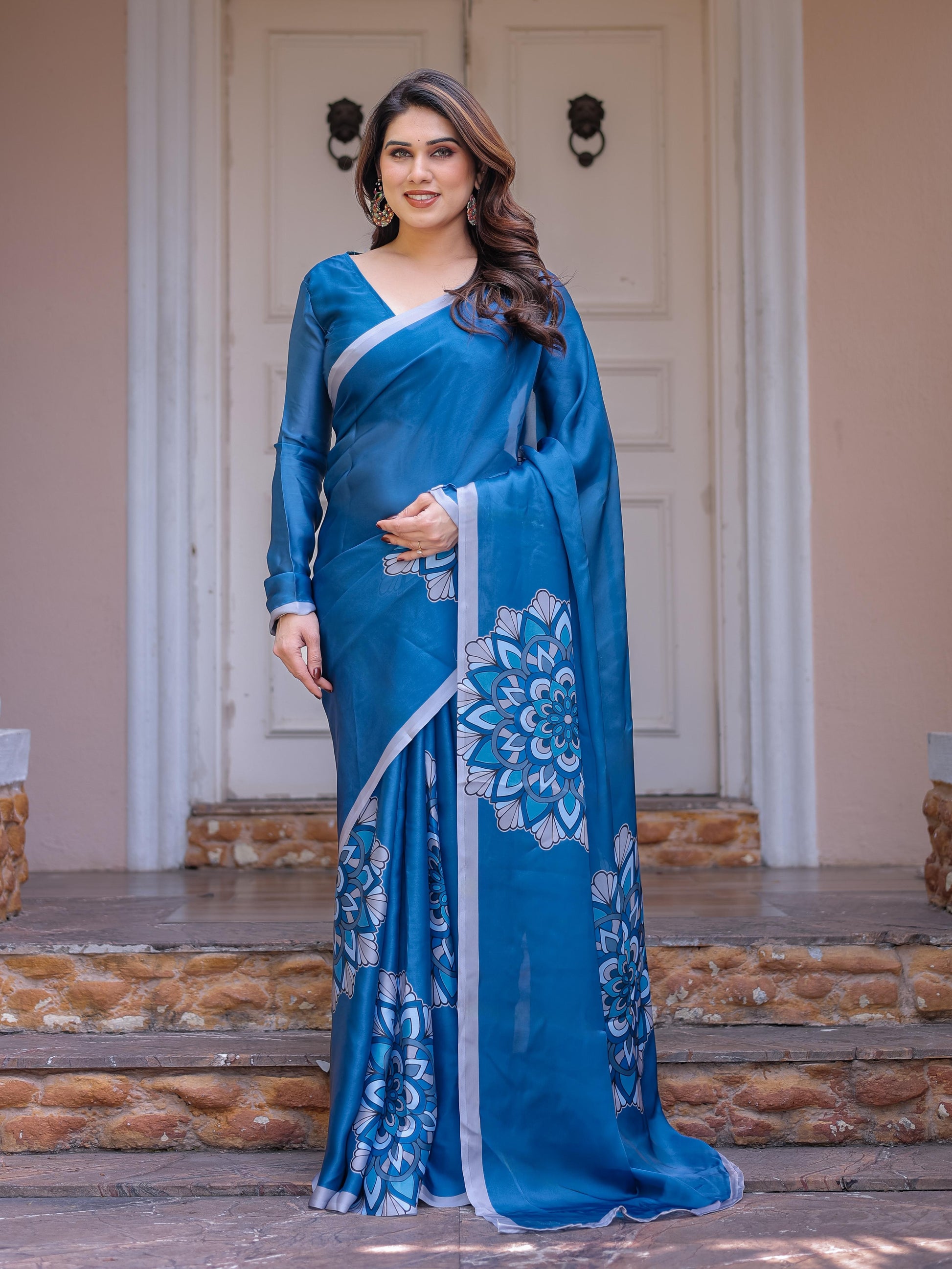 Teal Blue Printed Satin Georgette Saree for Women with Designer Blouse | Elegant Party Wear Saree