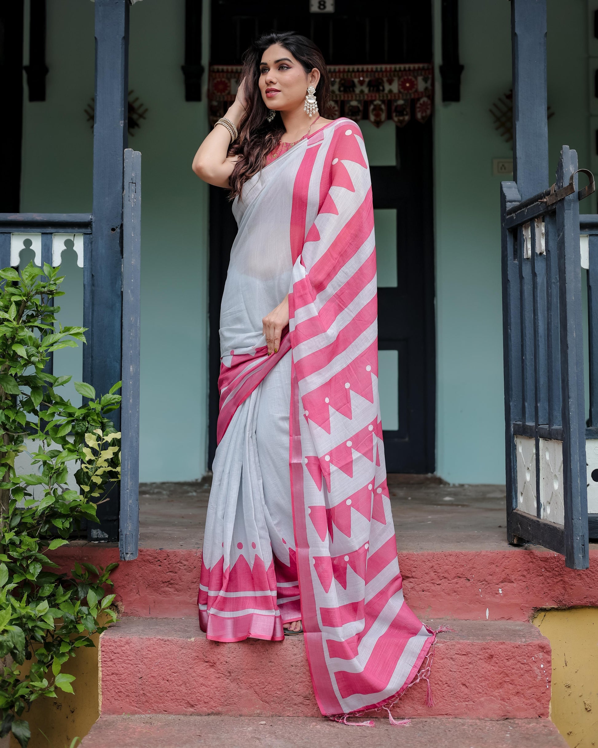 White and Pink Pure Cotton Linen Saree with Geometric Stripes And Tassel Detailing With Unstitched Blouse