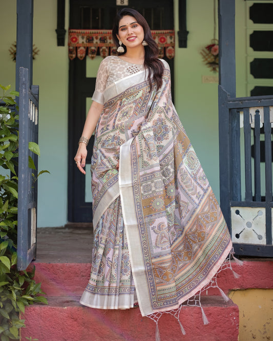 Cream and Pastel Multicolour Printed Pure Cotton Linen Saree and Tassels on Edges With Unstitched Blouse