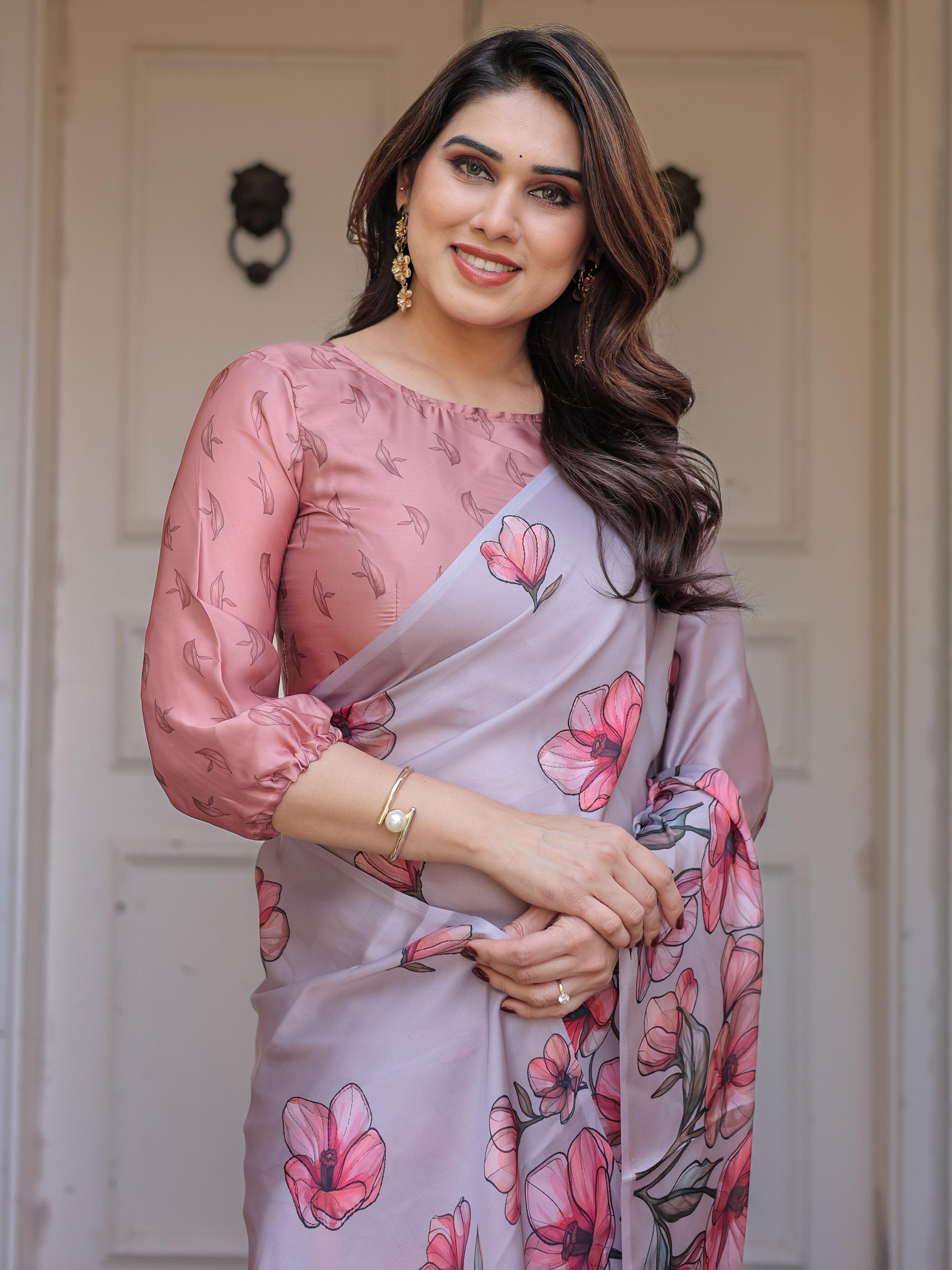 Lavender Satin Georgette Floral Printed Saree with Rose Pink Blouse for Women | Elegant Soft Party Wear Designer Saree