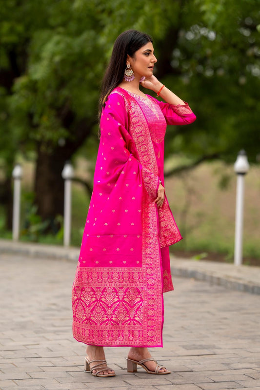 Women's Ethnic Kurta Set with Dupatta | Jacquard Work | Ready-to-Wear Suit Set