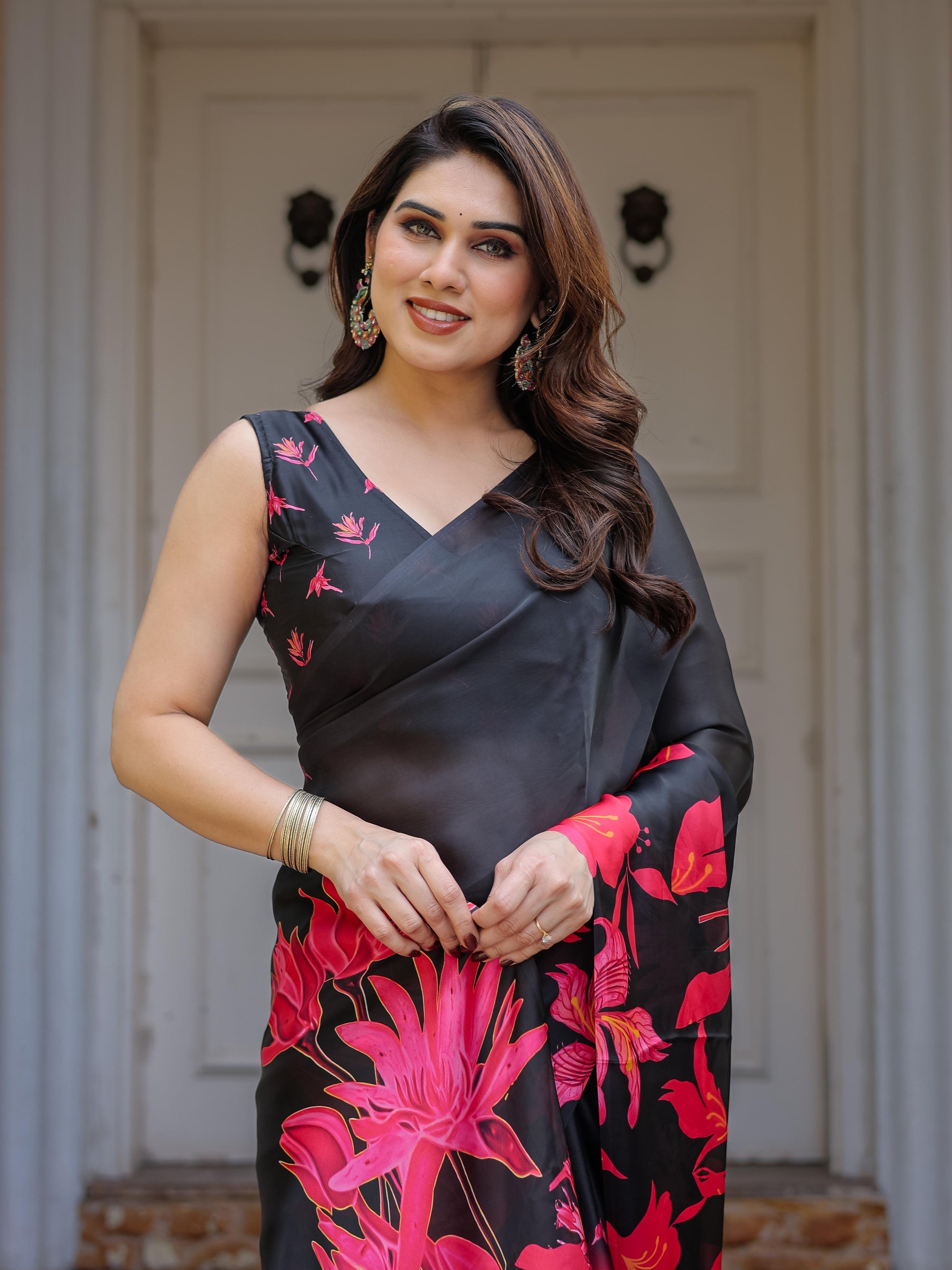 Black Red Floral Printed Satin Georgette Saree for Women with Designer Blouse | Elegant Party Wear Saree