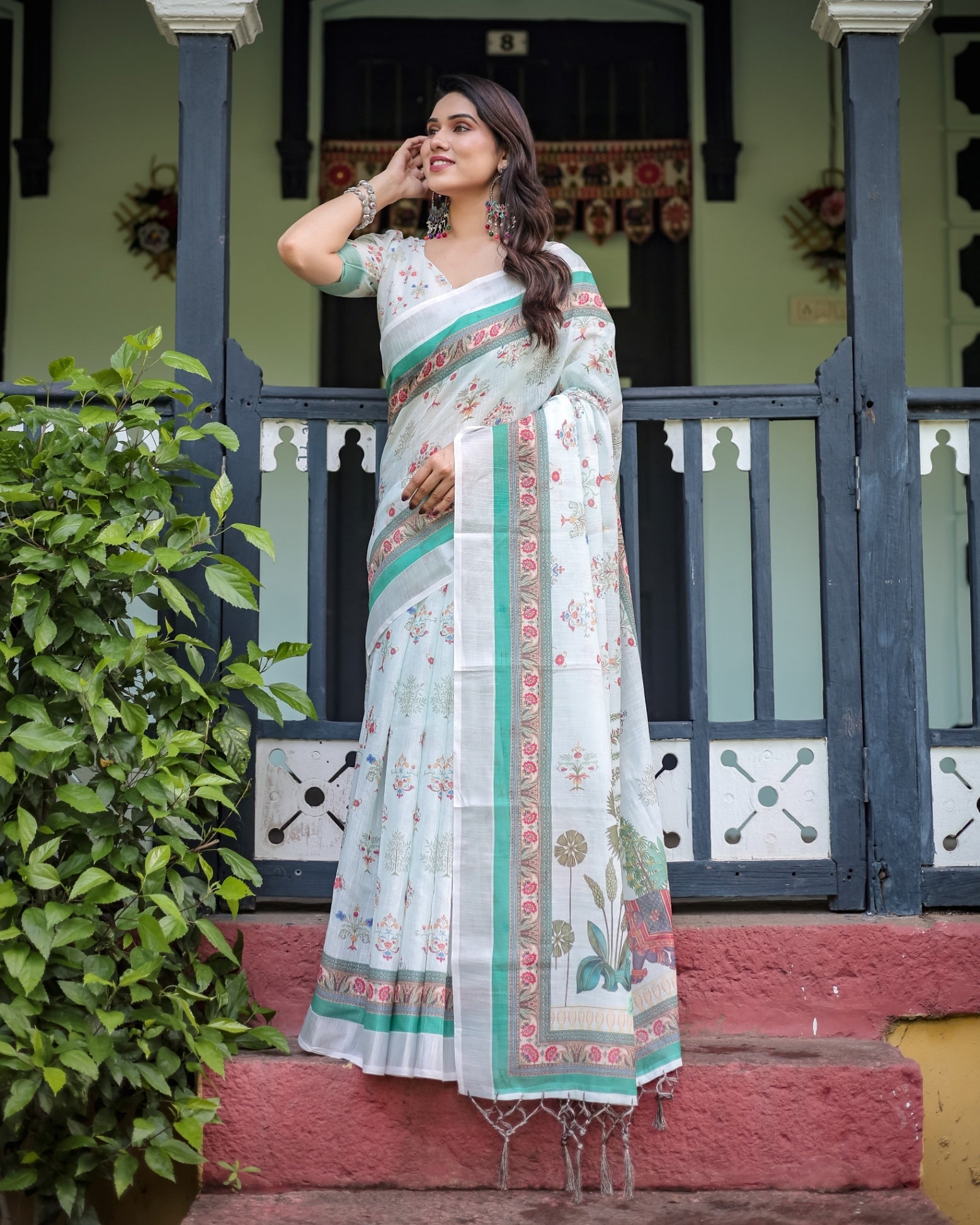 Ivory Pure Cotton Linen Saree Elephant Motif and Floral Pattern, Green and Pink Borders, and Tassels on Edges. With Unstitched Blouse