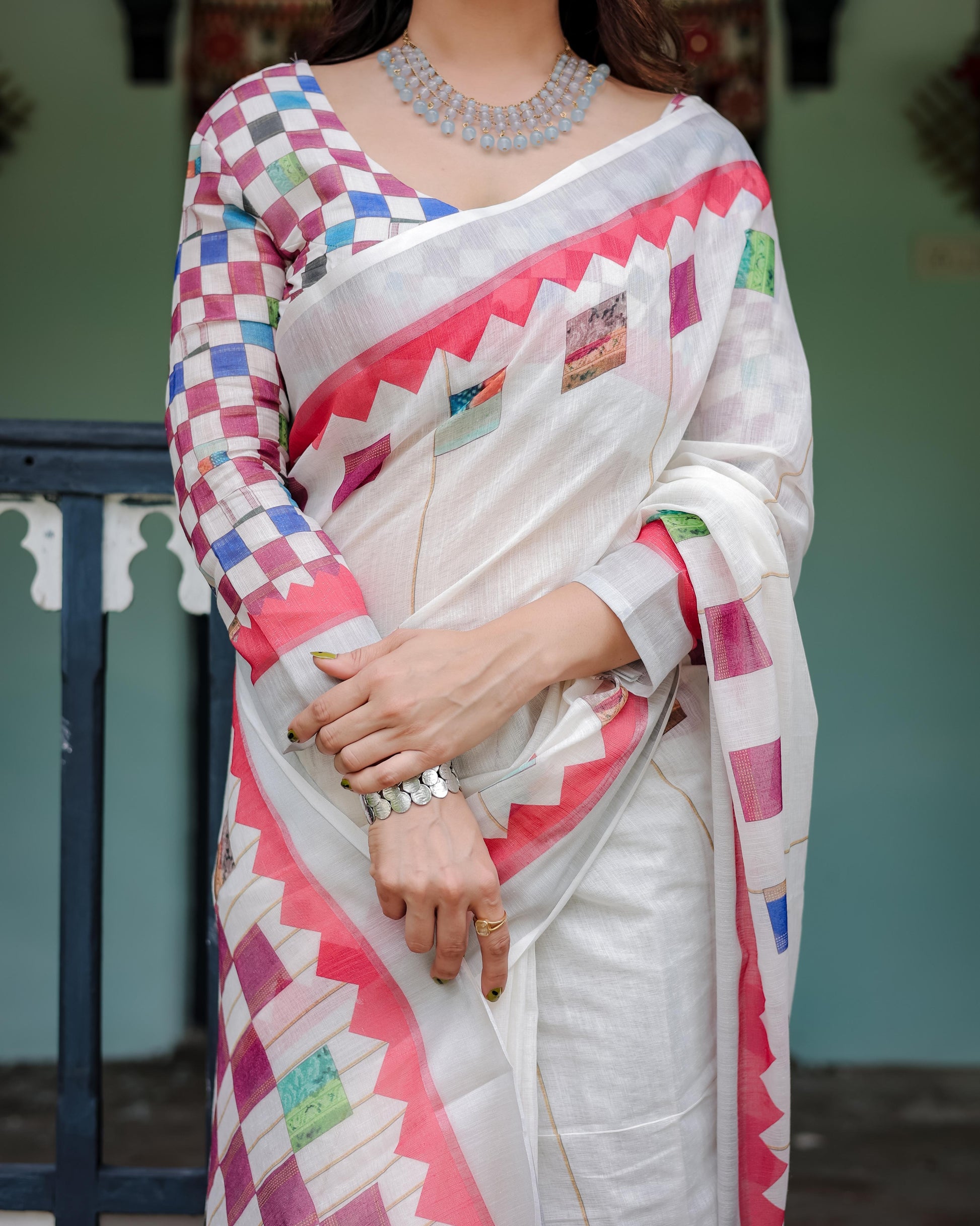 White Pure Cotton Linen Saree with Multicolor Checkered Design And Tassel Detailing With Unstitched Blouse