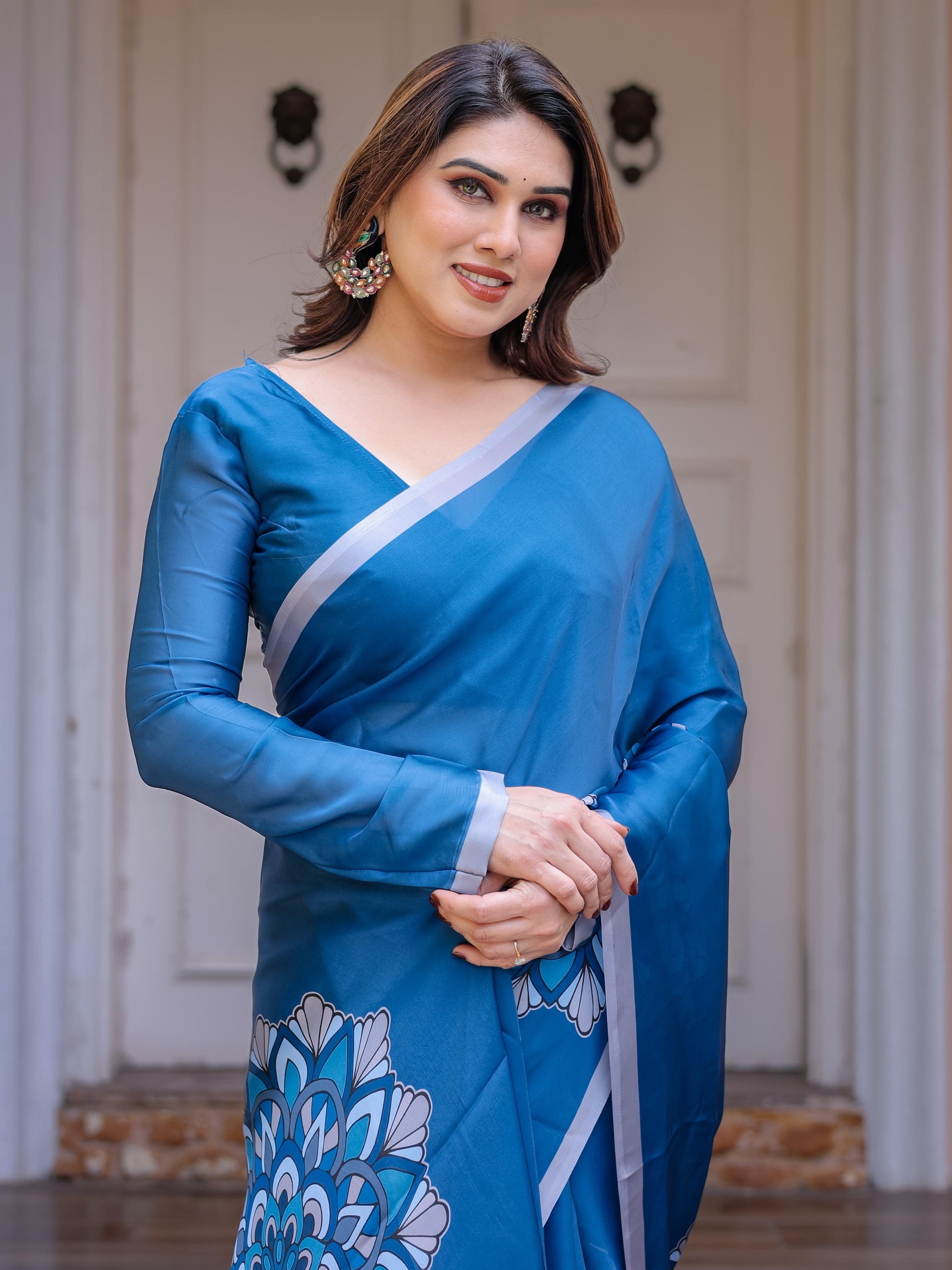 Teal Blue Printed Satin Georgette Saree for Women with Designer Blouse | Elegant Party Wear Saree