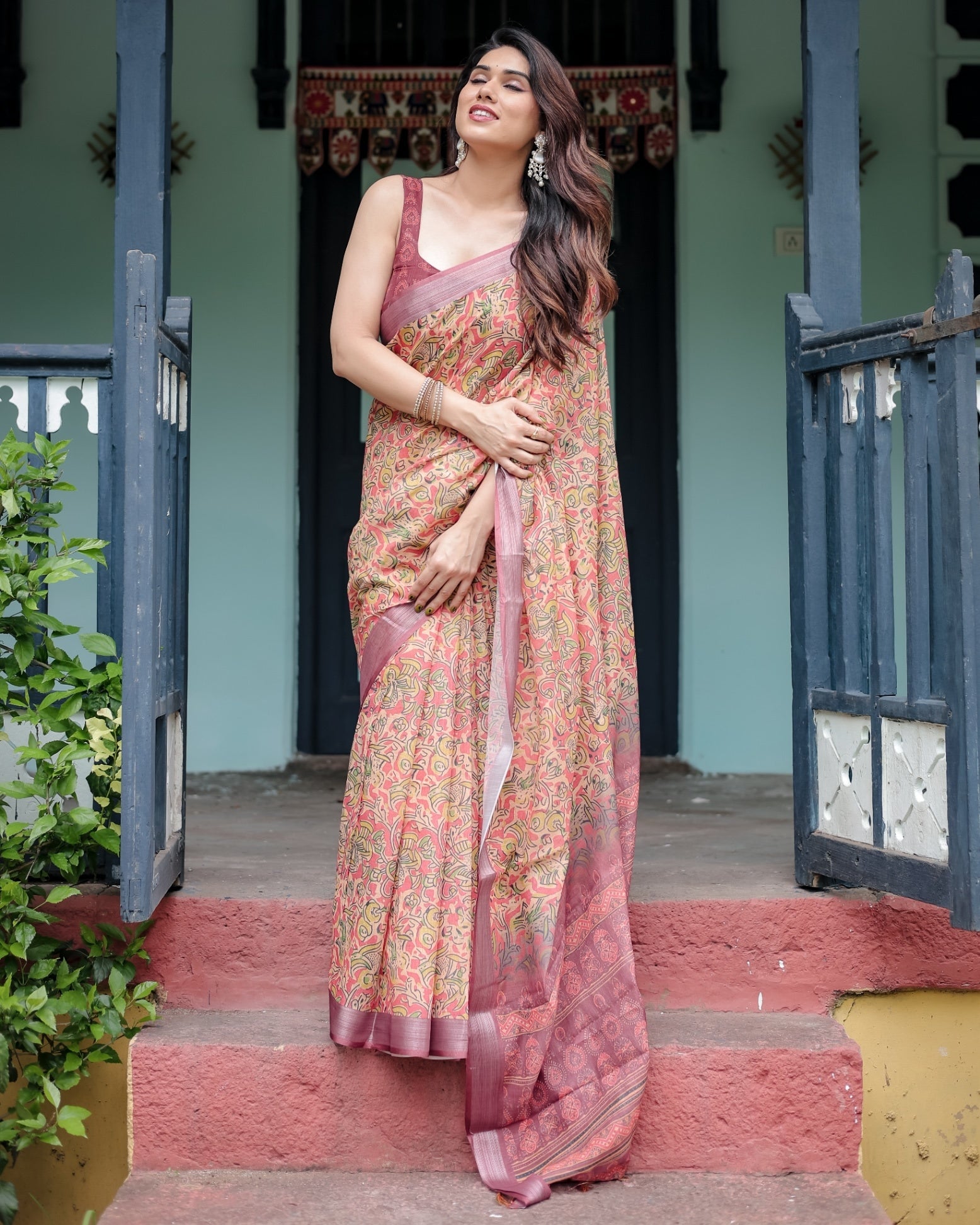 Beige and Rust Pure Cotton Linen Saree with Tribal Block Print And Tassel Detailing With Unstitched Blouse