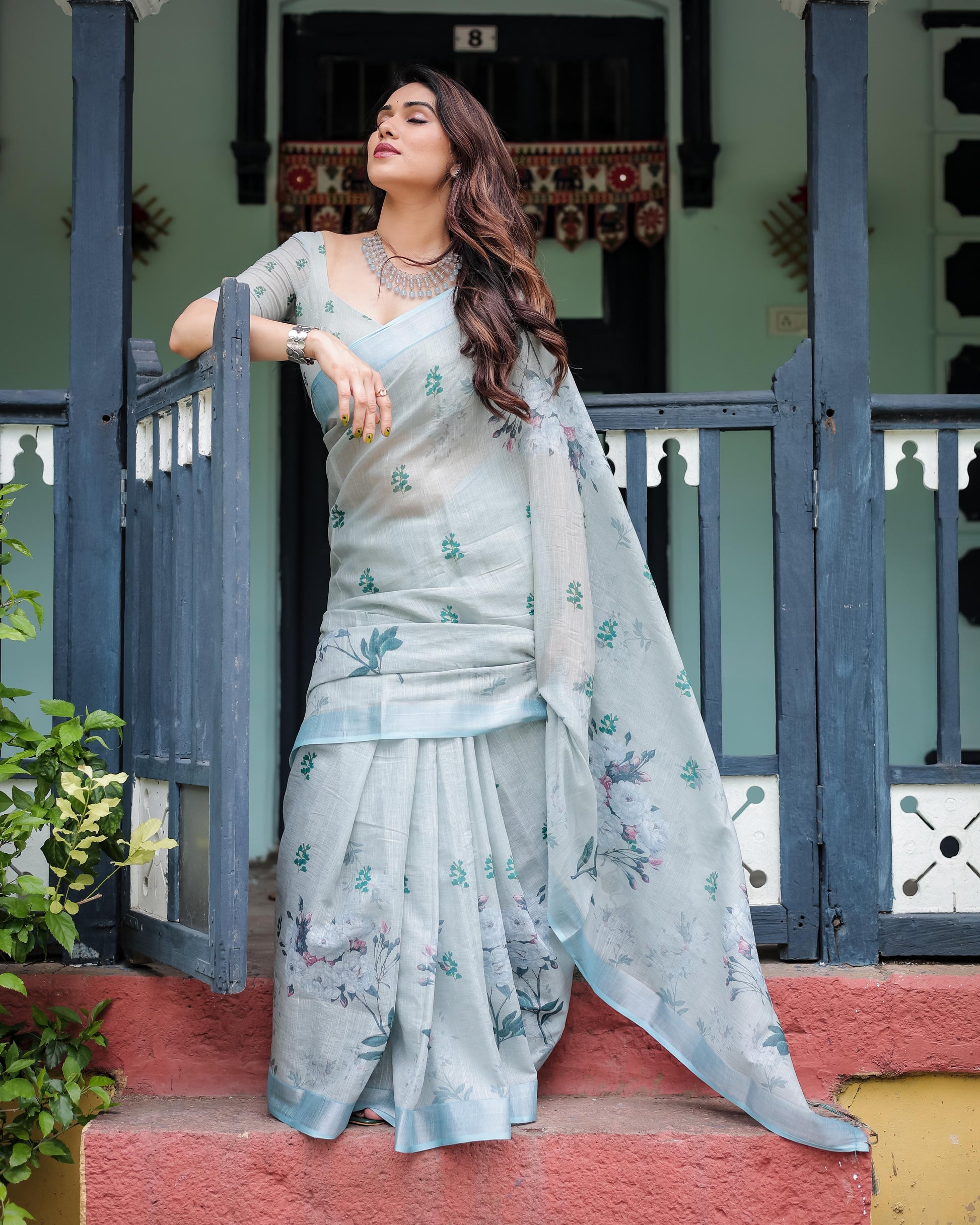 Pastel Grey Pure Cotton Linen Saree with Floral Print, , and Tassel Detailing With Unstitched Blouse