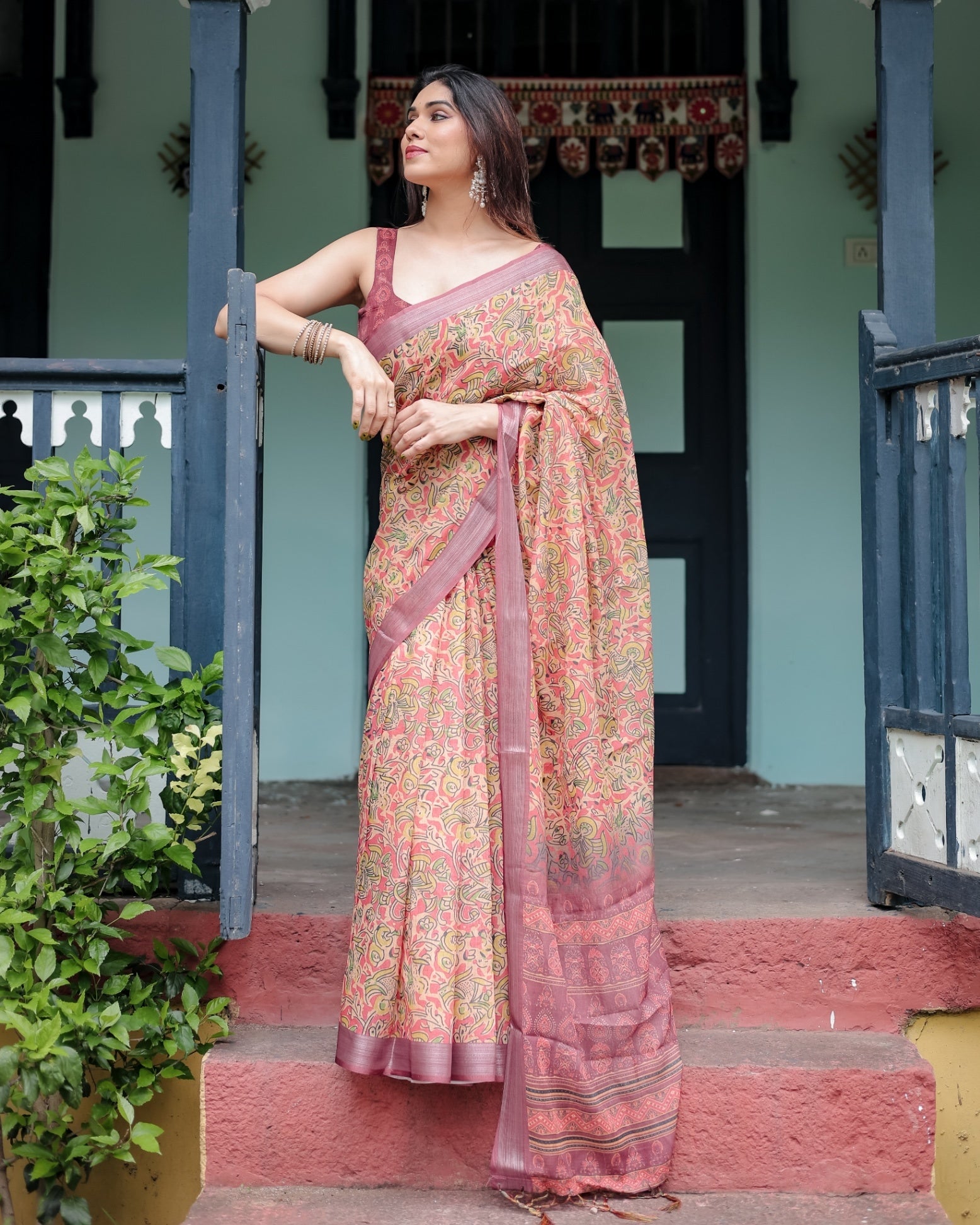 Beige and Rust Pure Cotton Linen Saree with Tribal Block Print And Tassel Detailing With Unstitched Blouse