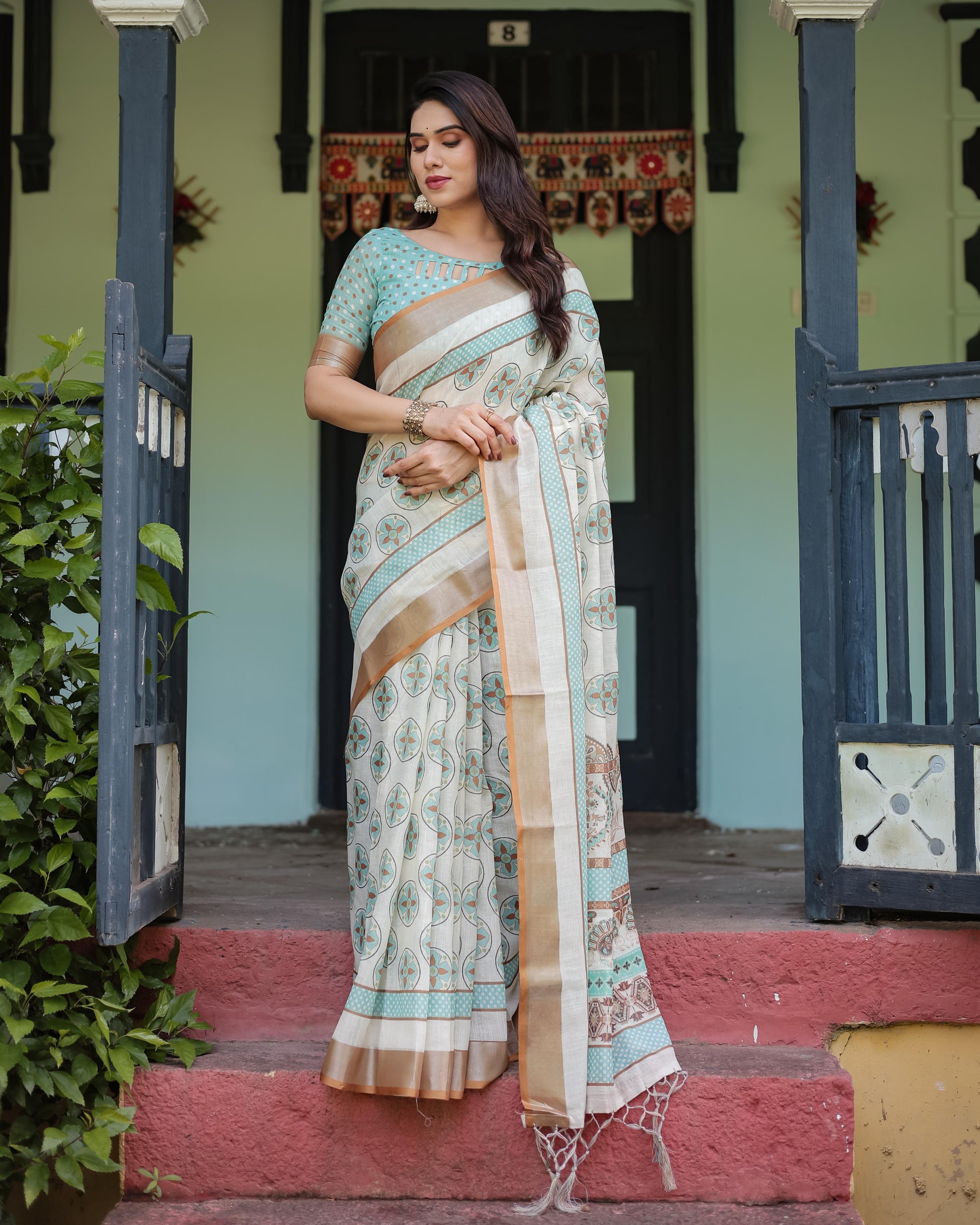 Beige With Aqua Pure Cotton Linen Saree Geometric Floral Design and Tassels on Edges With Unstitched Blouse