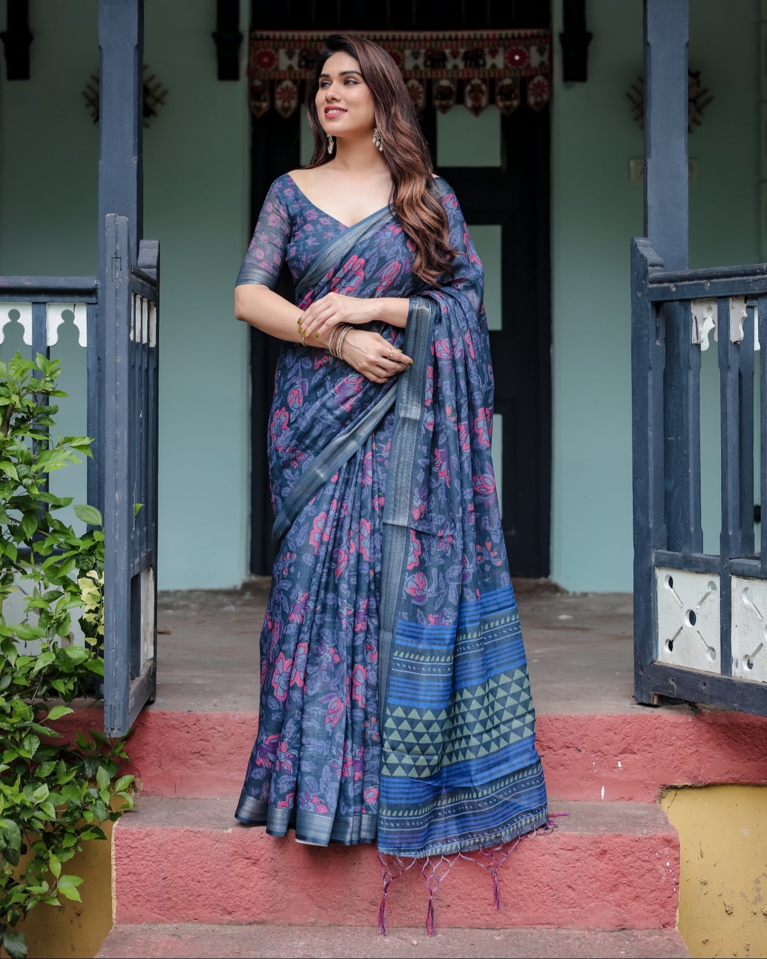 Navy Blue Pure Cotton Linen Saree with Floral Print, , and Tassel Detailing With Unstitched Blouse