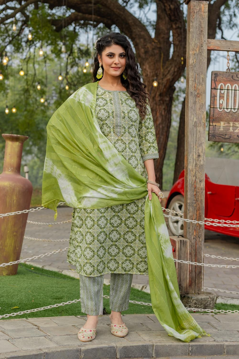 Women's Cotton Blend Printed Kurta Set with Bottom & Chanderi Dupatta | Stitched Ethnic Wear for Women