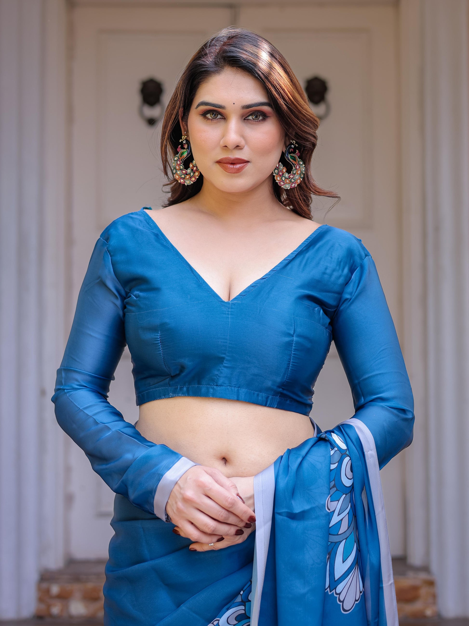 Teal Blue Printed Satin Georgette Saree for Women with Designer Blouse | Elegant Party Wear Saree