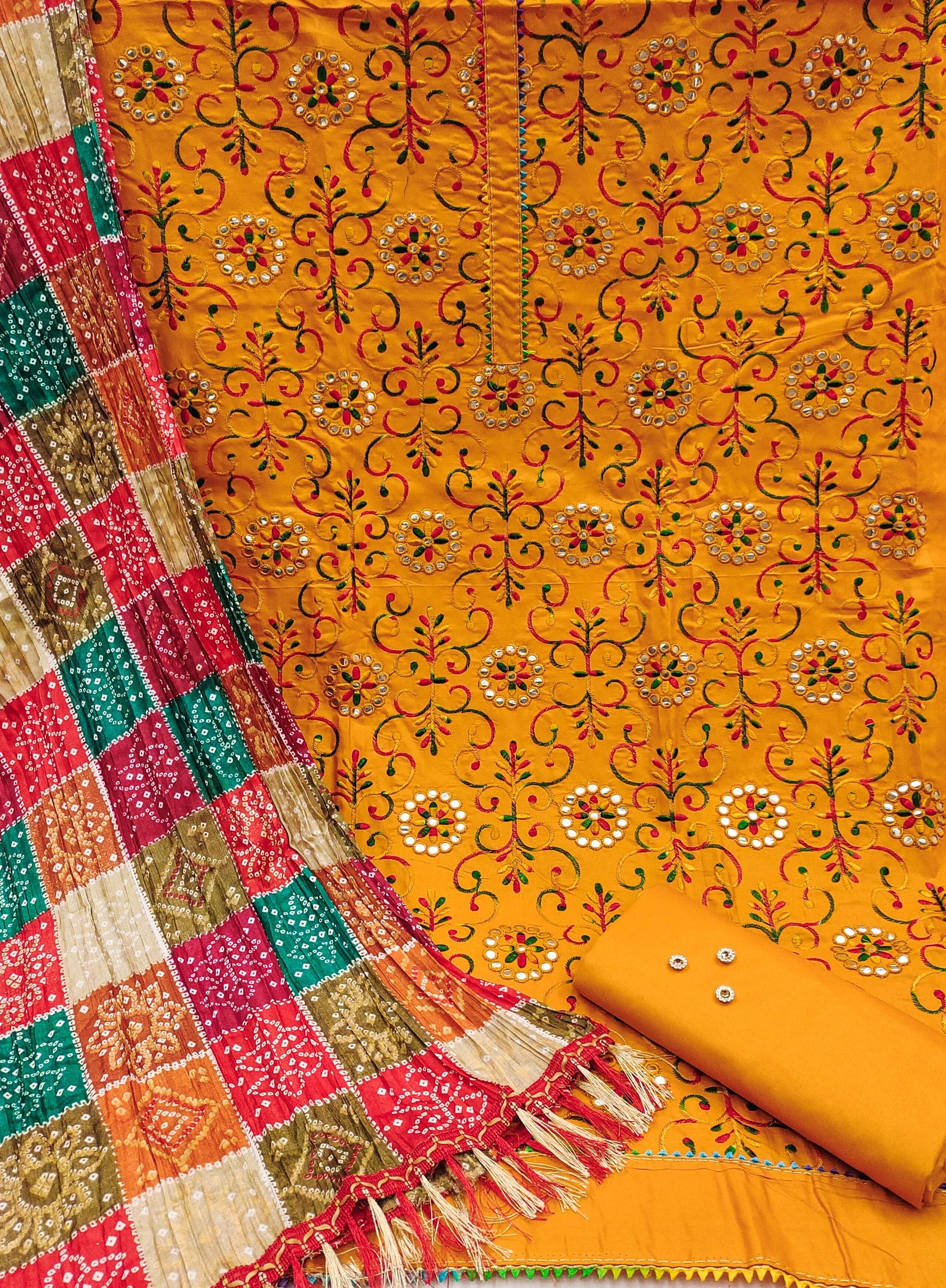 Cotton Dress Material Set for Women with Chinon Bandhani Print Dupatta | Unstitched Salwar Suit Fabric (Top 1.9m, Bottom 2m, Dupatta 2.1m)