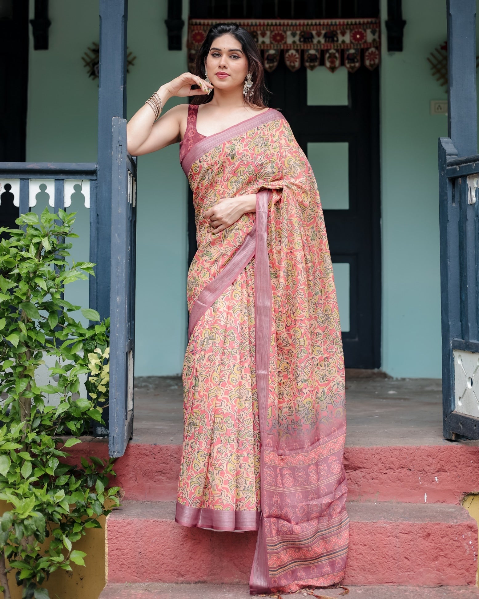 Beige and Rust Pure Cotton Linen Saree with Tribal Block Print And Tassel Detailing With Unstitched Blouse