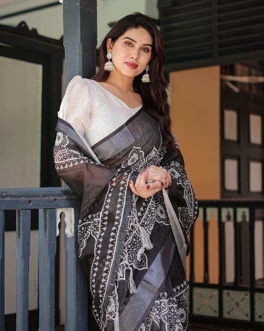 Black and White Pure Cotton Linen Saree Intricate Floral Design and Tassels on Edges With Unstitched Blouse