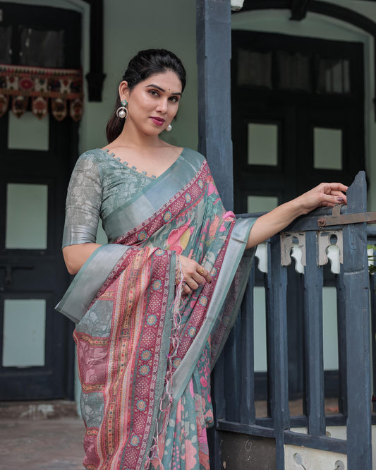 Sage Green Linen Printed Saree with Traditional Border Design and Tassel Detailing with Unstitched Blouse for Women