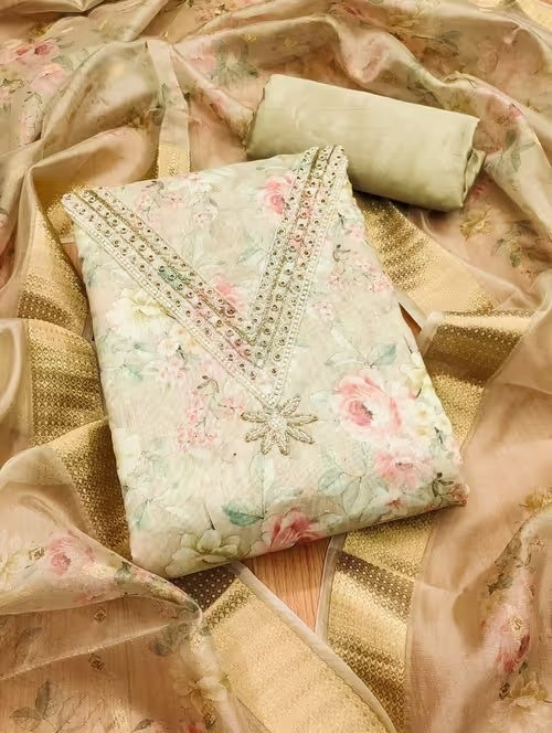 Heavy Modal Floral Print Dress Material Set with Khatli Work for Women with Santoon Bottom & Inner and Banarasi Jacquard Digital Print Dupatta
