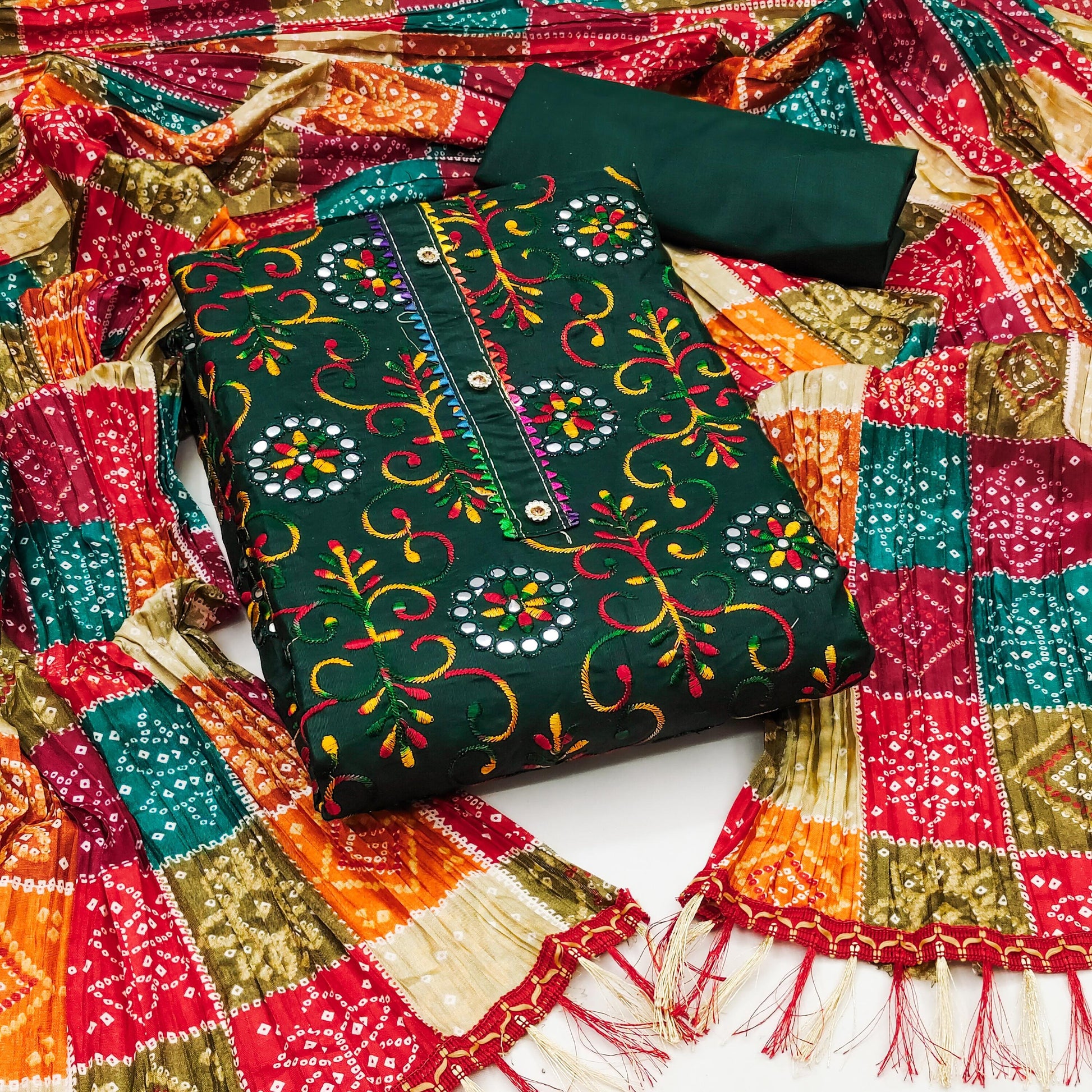 Cotton Dress Material Set for Women with Chinon Bandhani Print Dupatta | Unstitched Salwar Suit Fabric (Top 1.9m, Bottom 2m, Dupatta 2.1m)