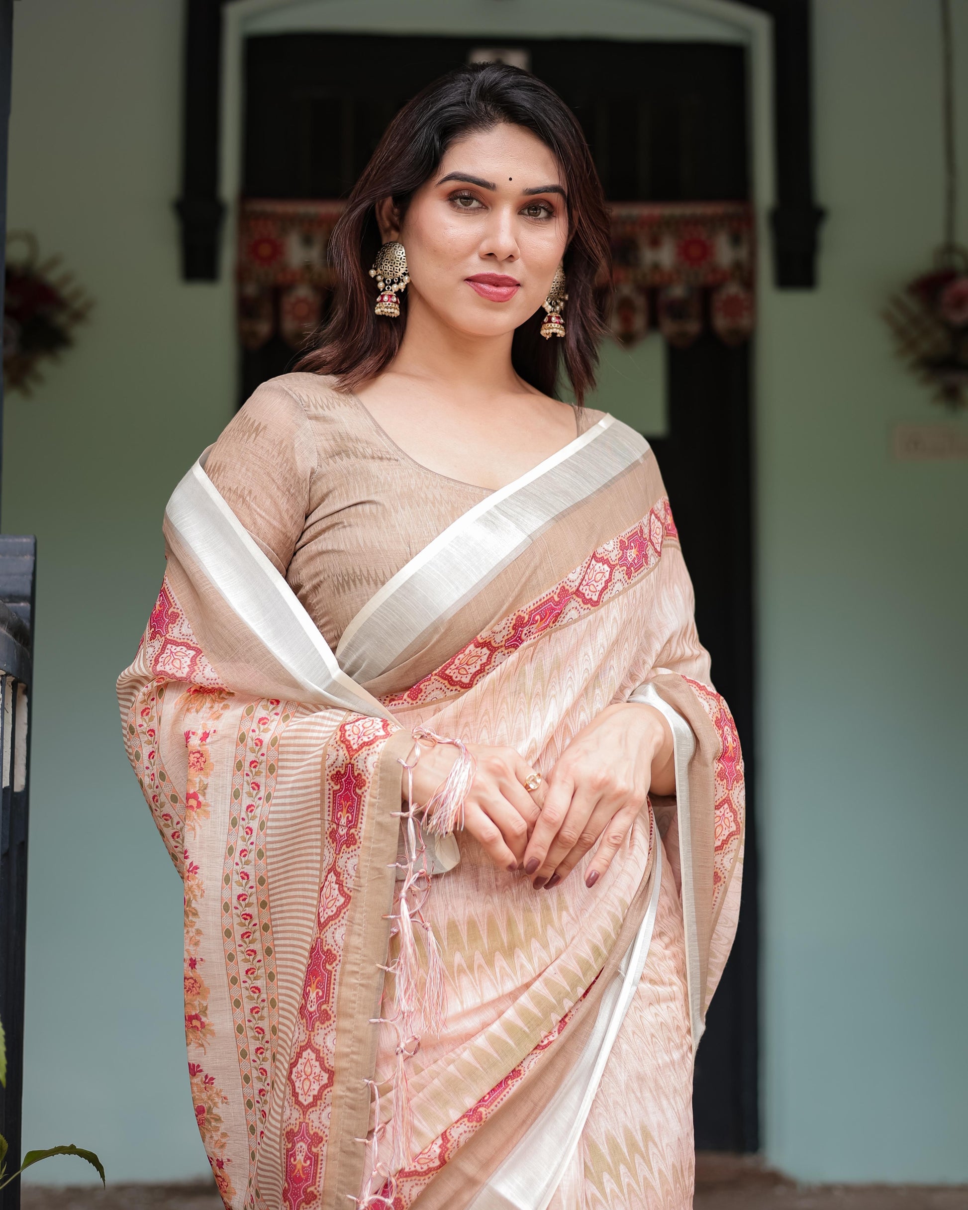 Peach Beige Linen Printed Saree with Designer Border and Tassel Detailing with Unstitched Blouse for Women