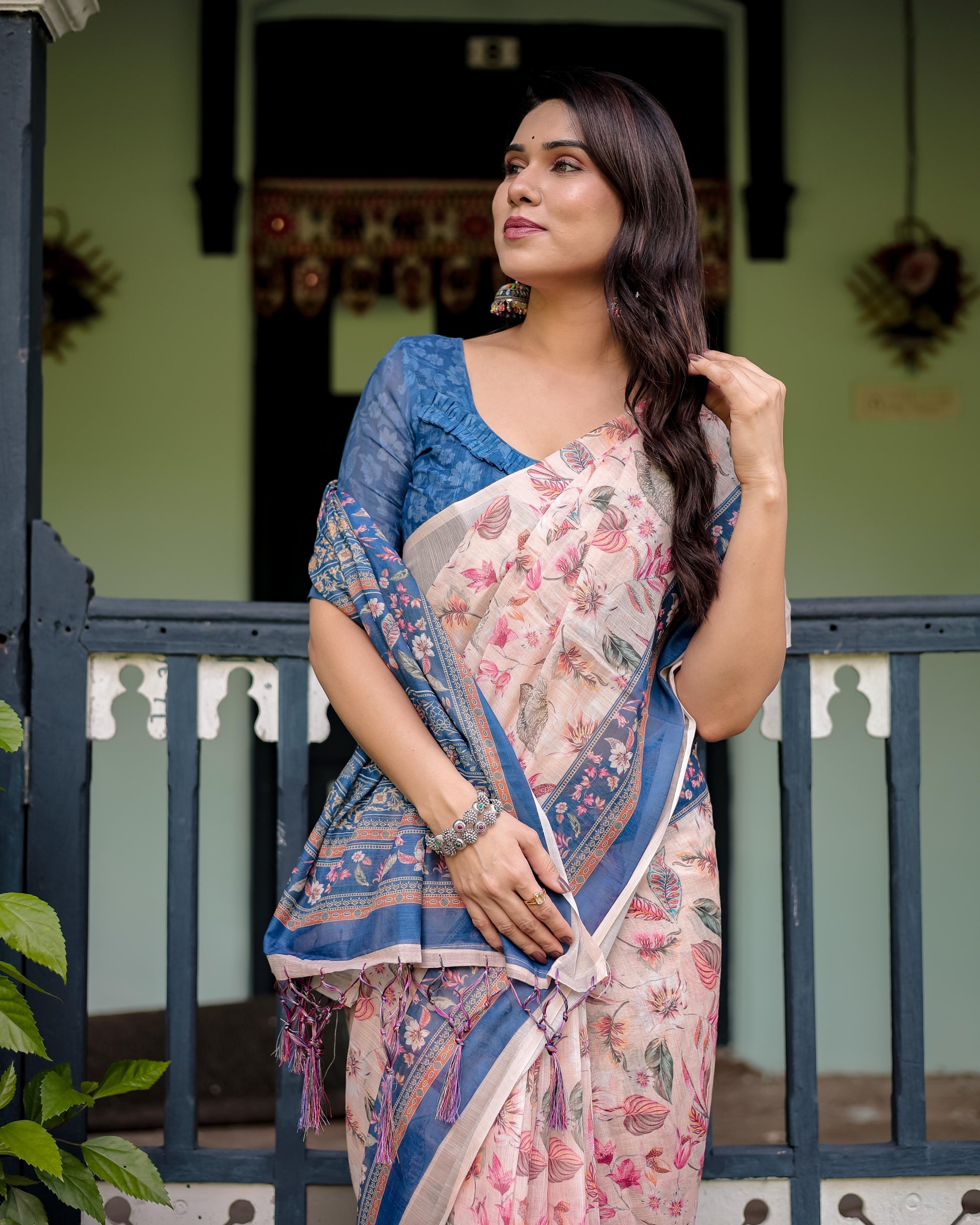 Pure Cotton Linen Saree Blue Floral Border and Pink Leaf Design with Tassels on Edges With Unstitched Blouse