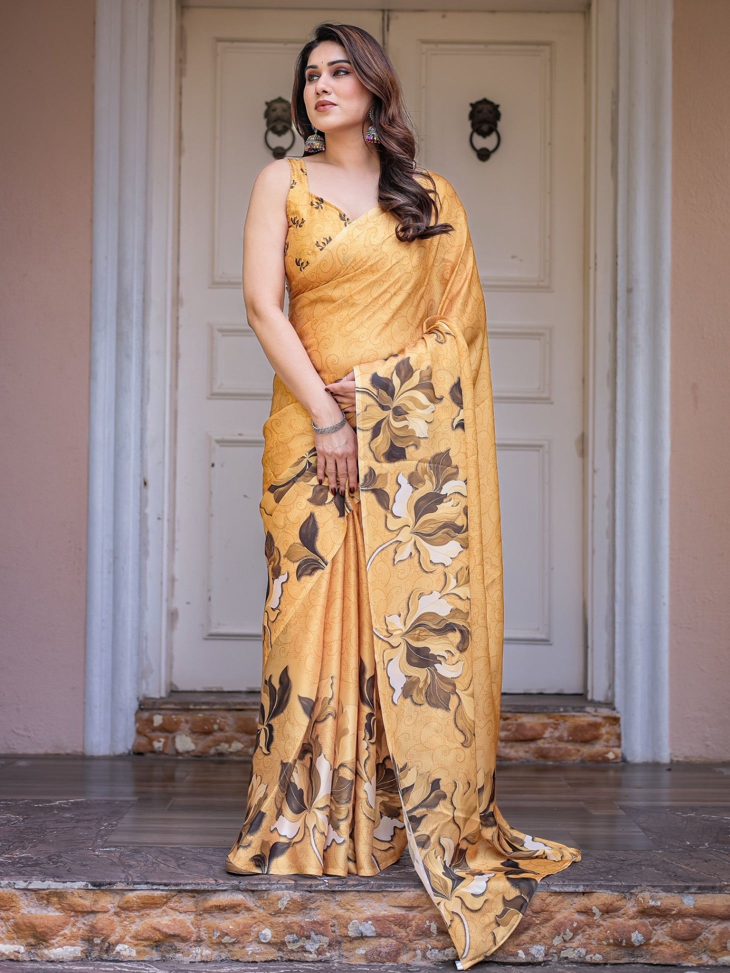 Mustard Floral Printed Satin Georgette Saree for Women with Designer Blouse | Elegant Soft Party Wear Saree