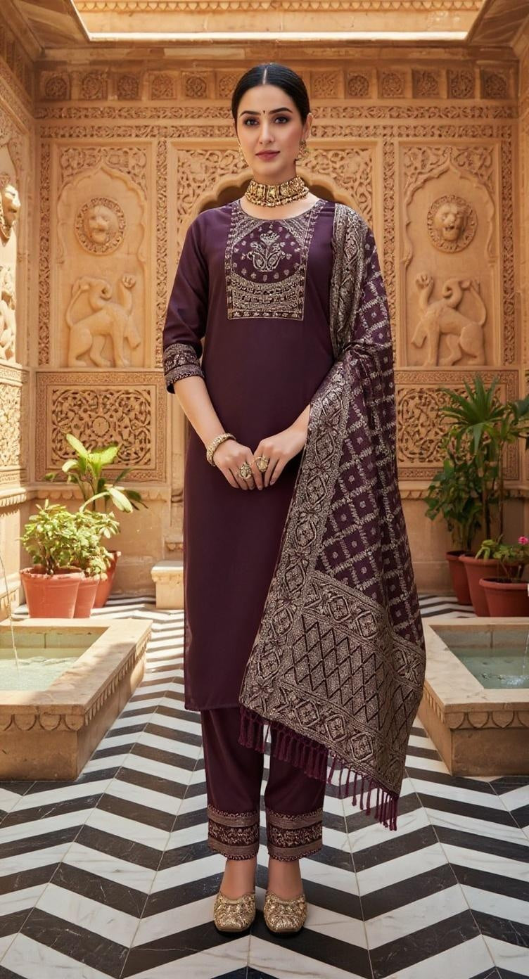 Women's Rayon Slub Embroidered Kurta Set with Bottom & Jacquard Dupatta | Stitched Ethnic Wear for Women