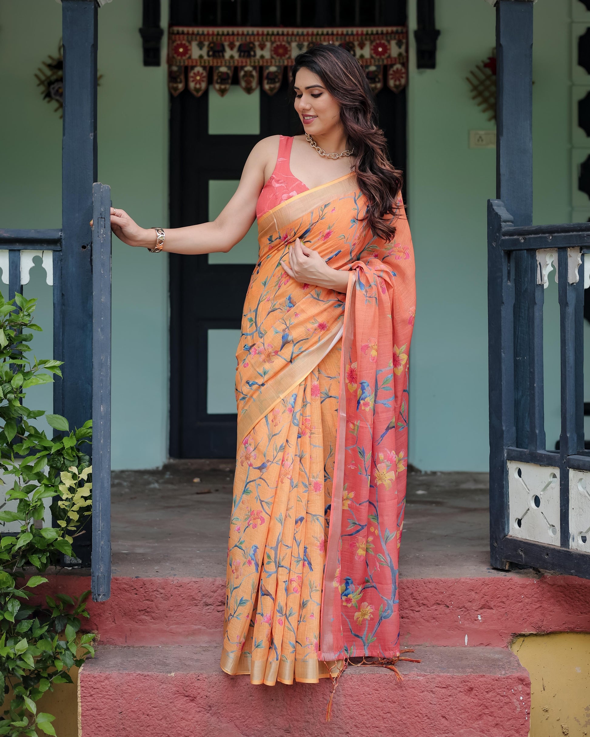 Peach and Orange Pure Cotton Linen Saree with Floral and Bird Print And Tassel Detailing With Unstitched Blouse