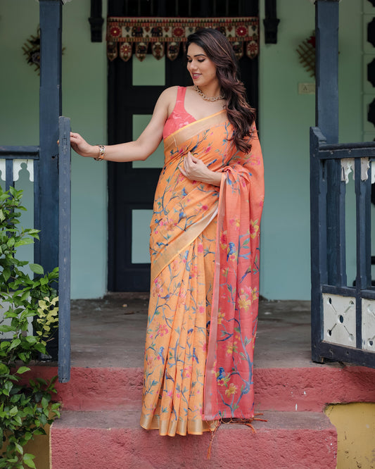 Peach and Orange Pure Cotton Linen Saree with Floral and Bird Print And Tassel Detailing With Unstitched Blouse