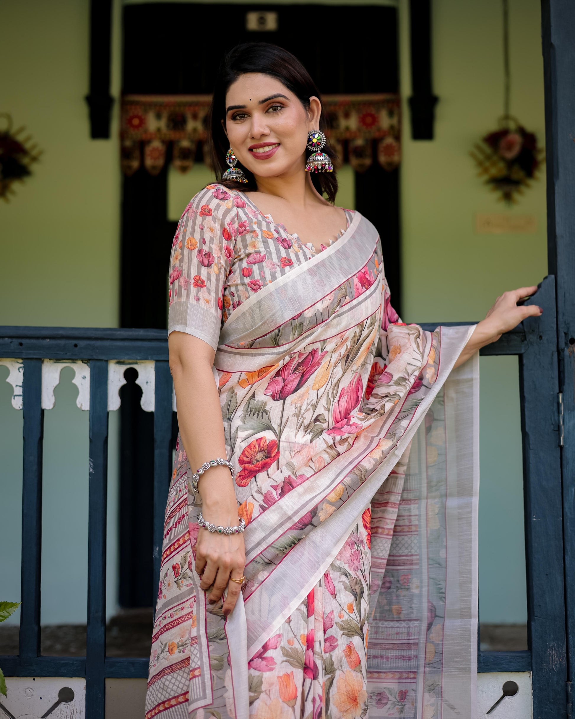 Elegant Floral Print Pure Cotton Linen Saree in Ivory with Multicolor Florals and Tassels With Unstitched Blouse