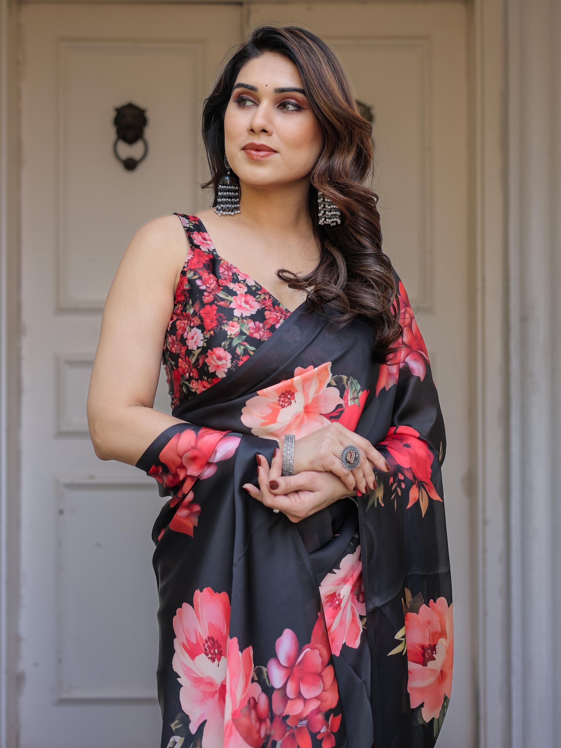 Black Floral Print Satin Georgette Saree with Red Flower Design | Elegant Designer Party Wear Saree