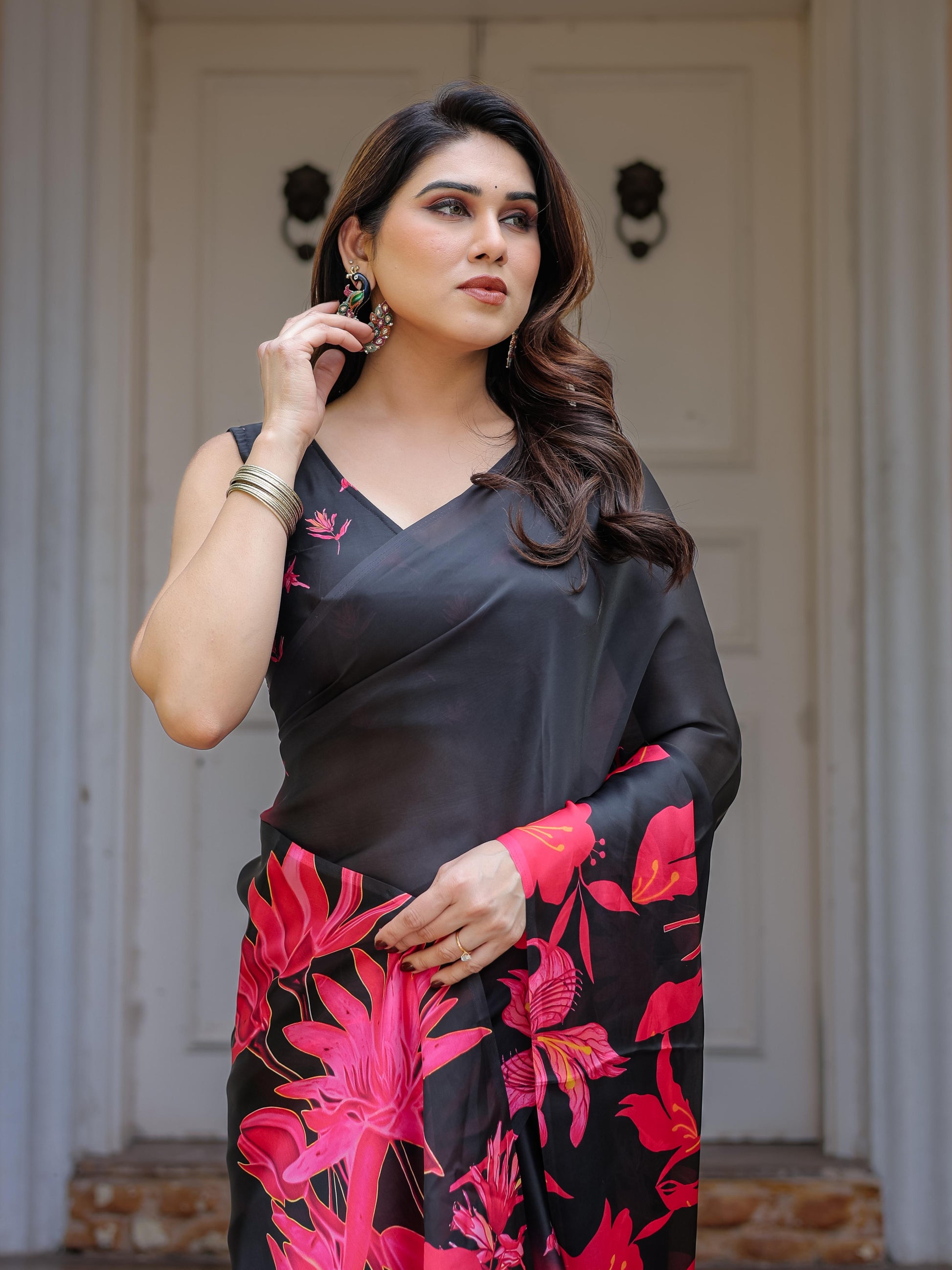 Black Red Floral Printed Satin Georgette Saree for Women with Designer Blouse | Elegant Party Wear Saree