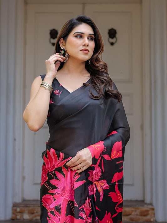 Black Red Floral Printed Satin Georgette Saree for Women with Designer Blouse | Elegant Party Wear Saree