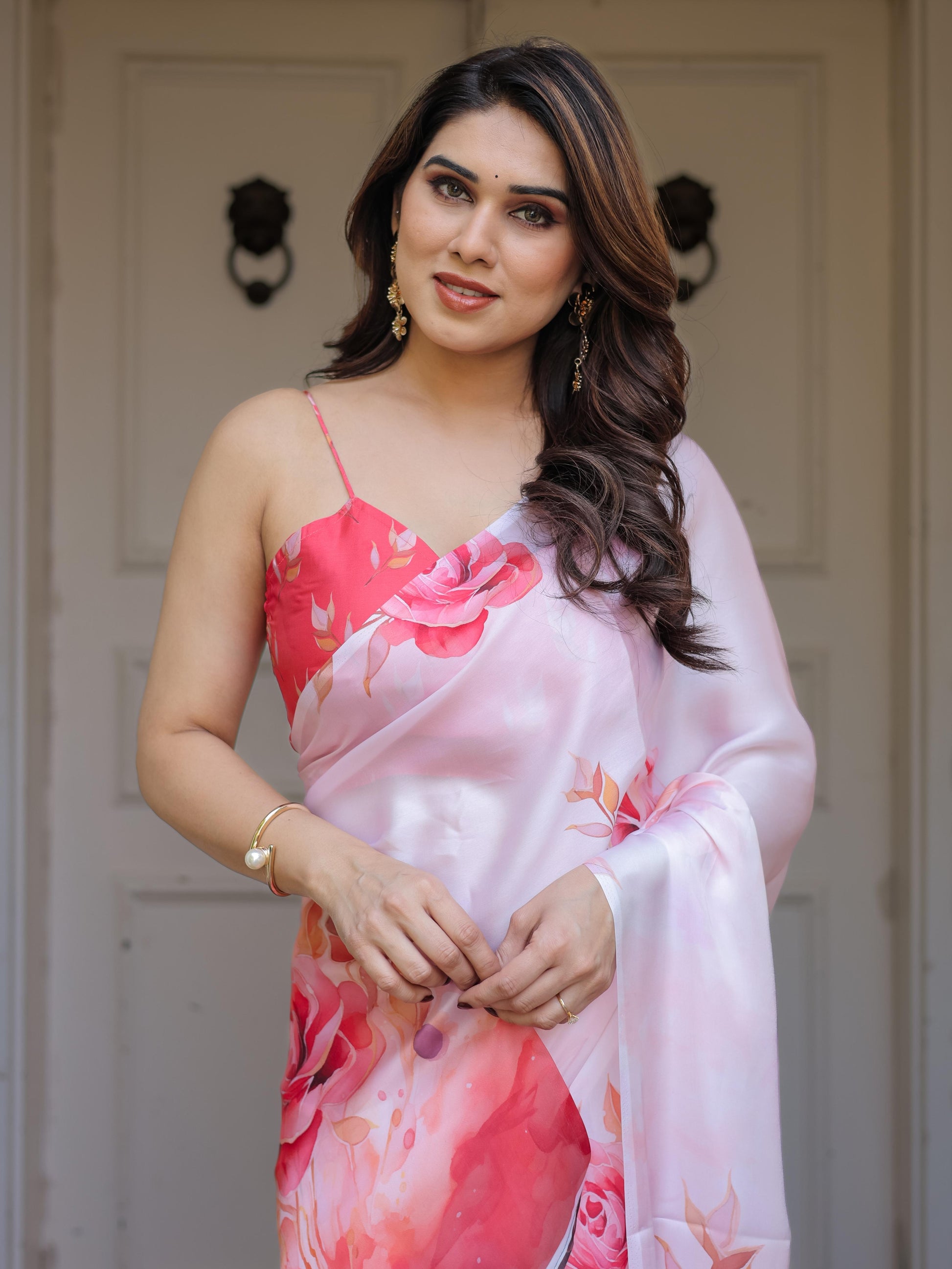 Baby Pink Floral Print Satin Georgette Saree with Designer Blouse for Women | Elegant Party Wear Saree
