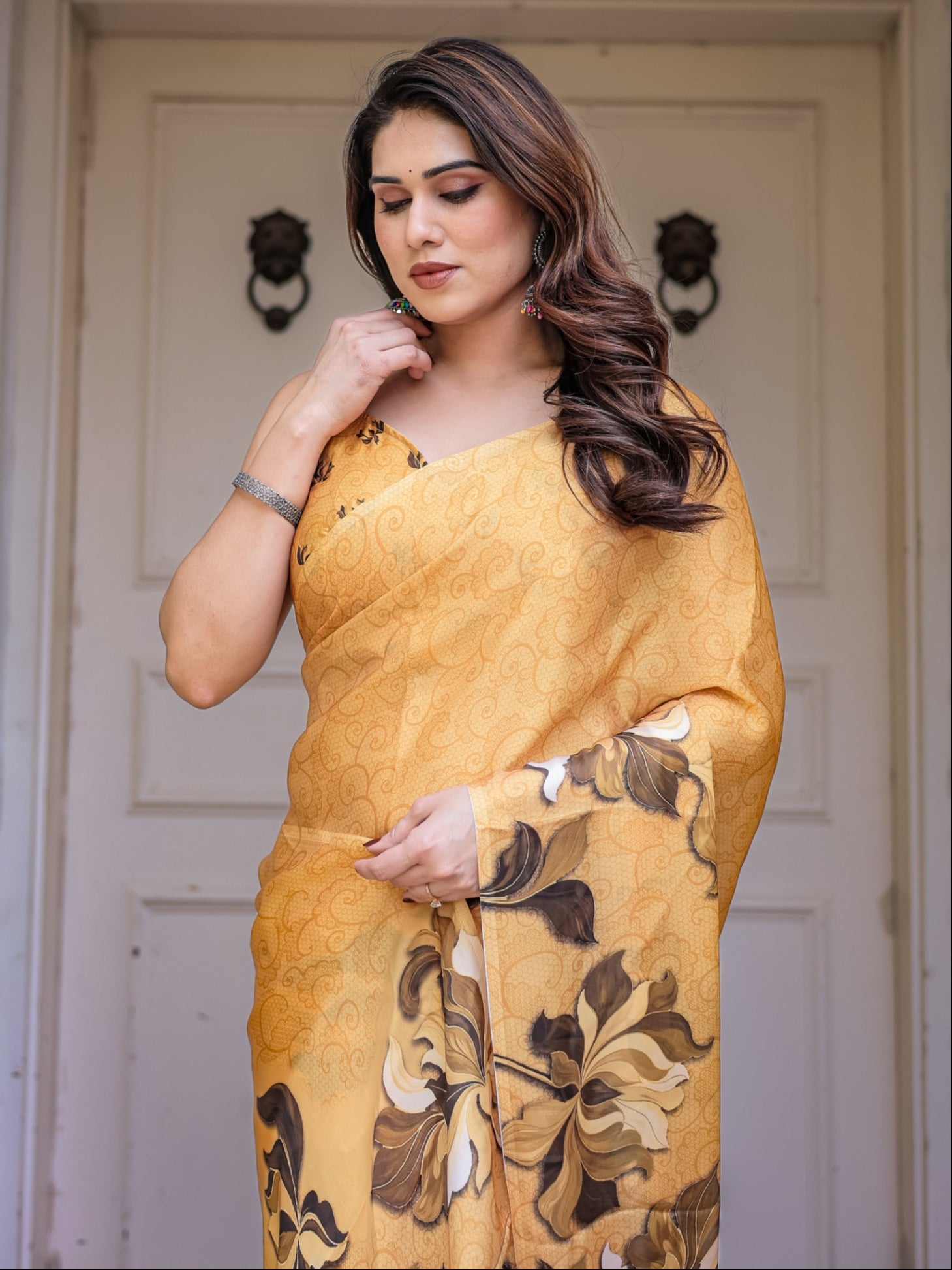 Mustard Floral Printed Satin Georgette Saree for Women with Designer Blouse | Elegant Soft Party Wear Saree