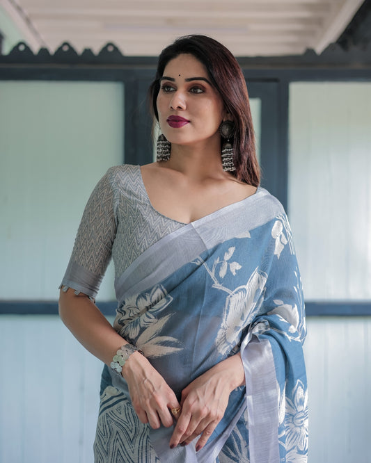 Pastel Blue Floral and Geometric Printed Cotton Linen Saree and Tassel Edges With Unstitched Blouse