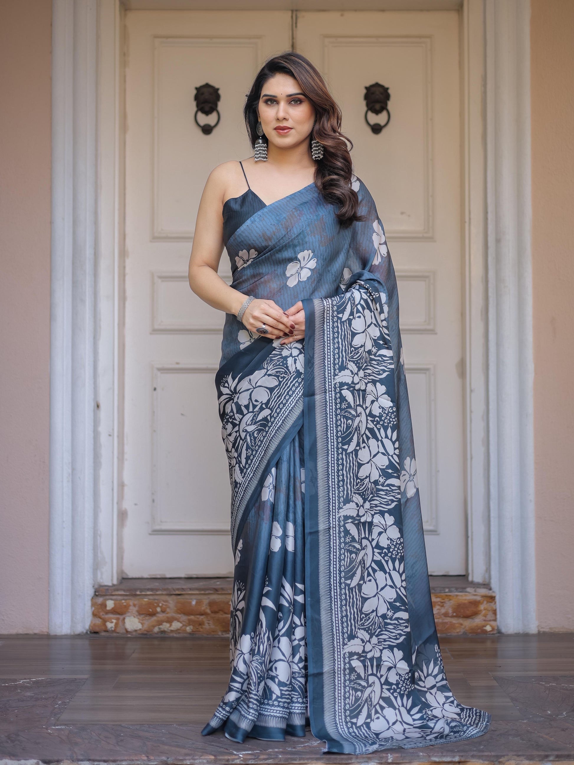Steel Blue Satin Georgette Floral Printed Saree with Designer Blouse for Women | Elegant Party Wear Saree