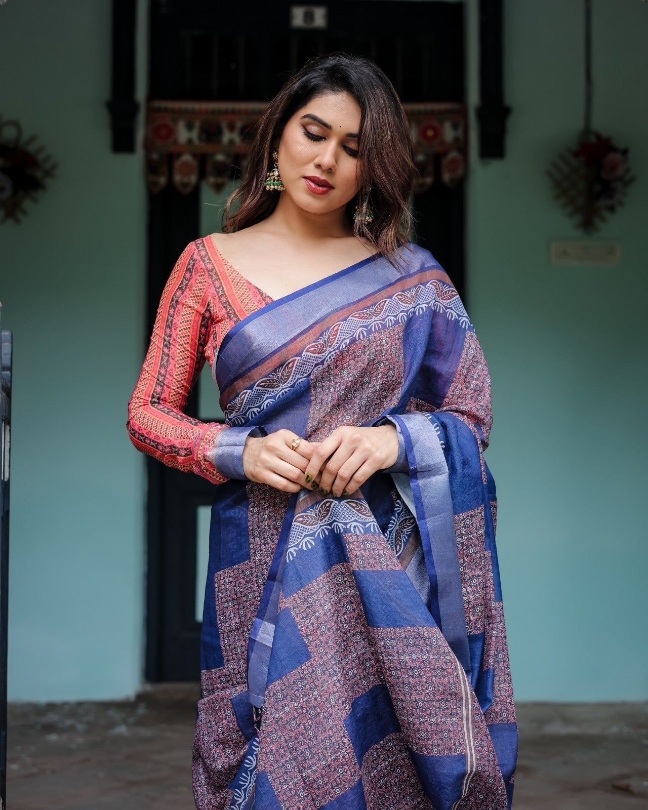 Navy Blue & Red Pure Cotton Linen Saree and Tassels on Edges With Unstitched Blouse