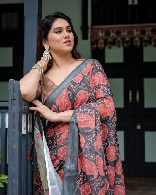 Charcoal Black Pure Cotton Linen Saree with Leafy Paisley Print And Tassel Detailing With Unstitched Blouse