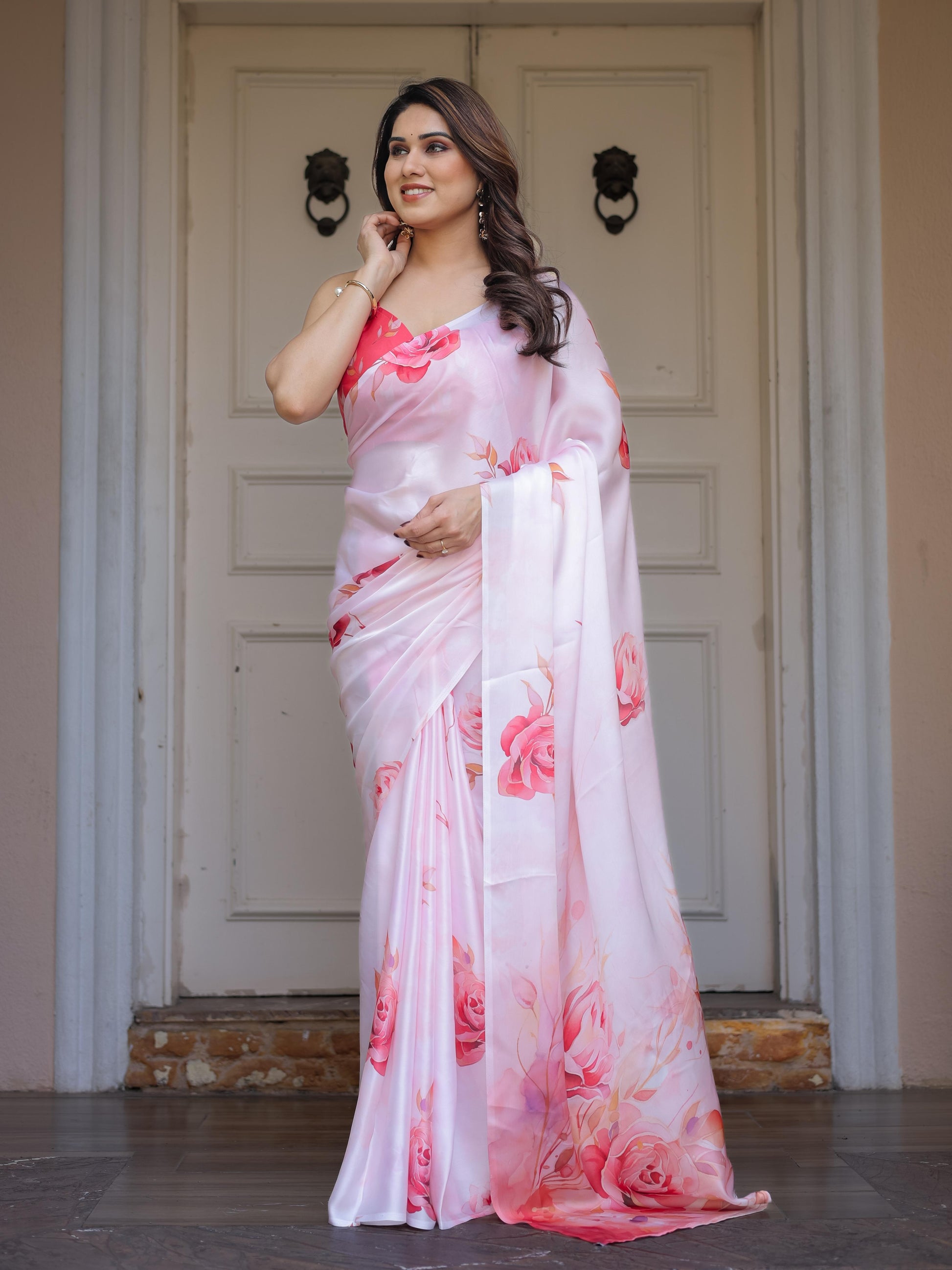 Baby Pink Floral Print Satin Georgette Saree with Designer Blouse for Women | Elegant Party Wear Saree