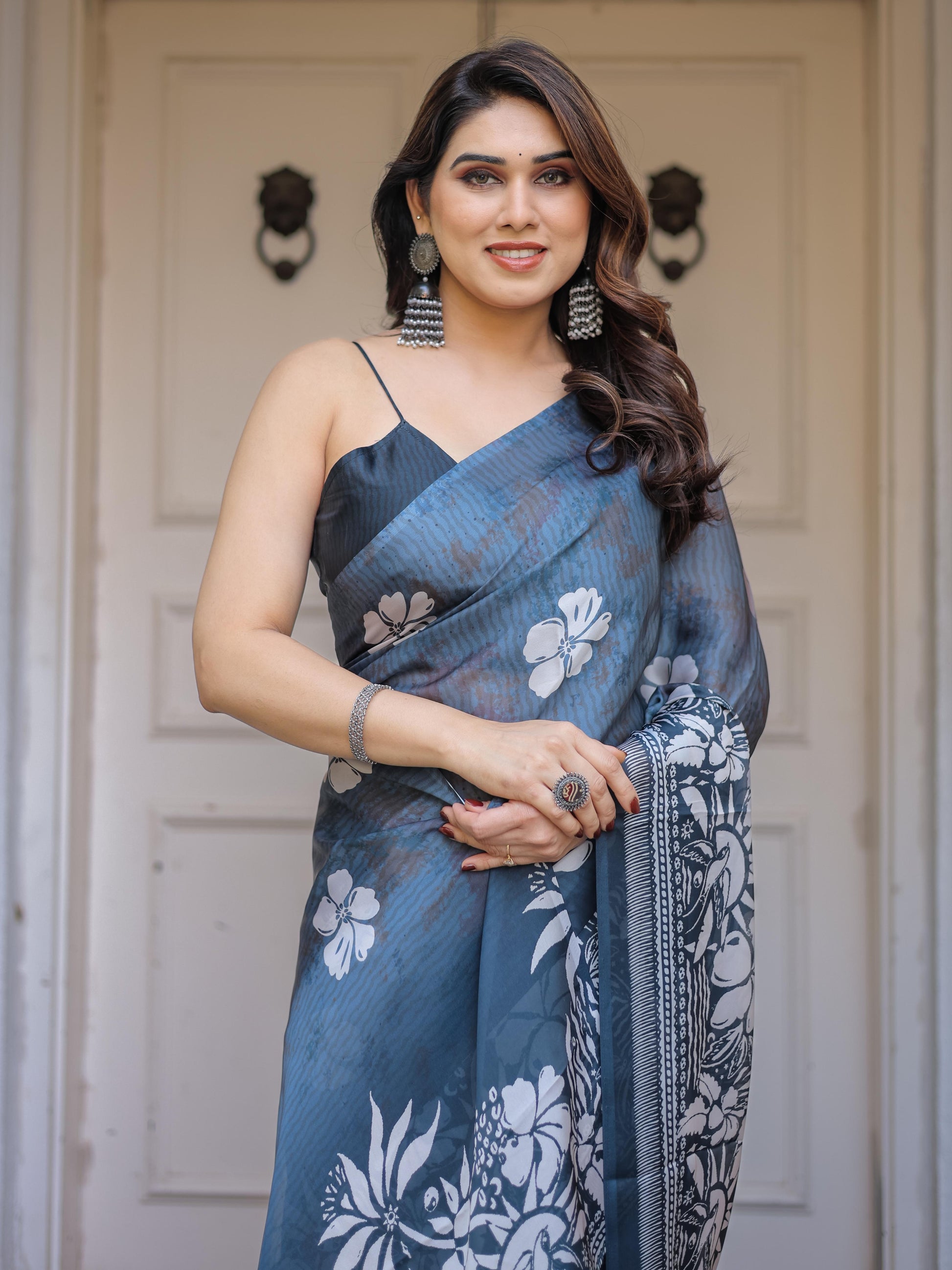 Steel Blue Satin Georgette Floral Printed Saree with Designer Blouse for Women | Elegant Party Wear Saree
