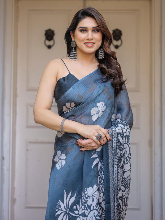 Steel Blue Satin Georgette Floral Printed Saree with Designer Blouse for Women | Elegant Party Wear Saree